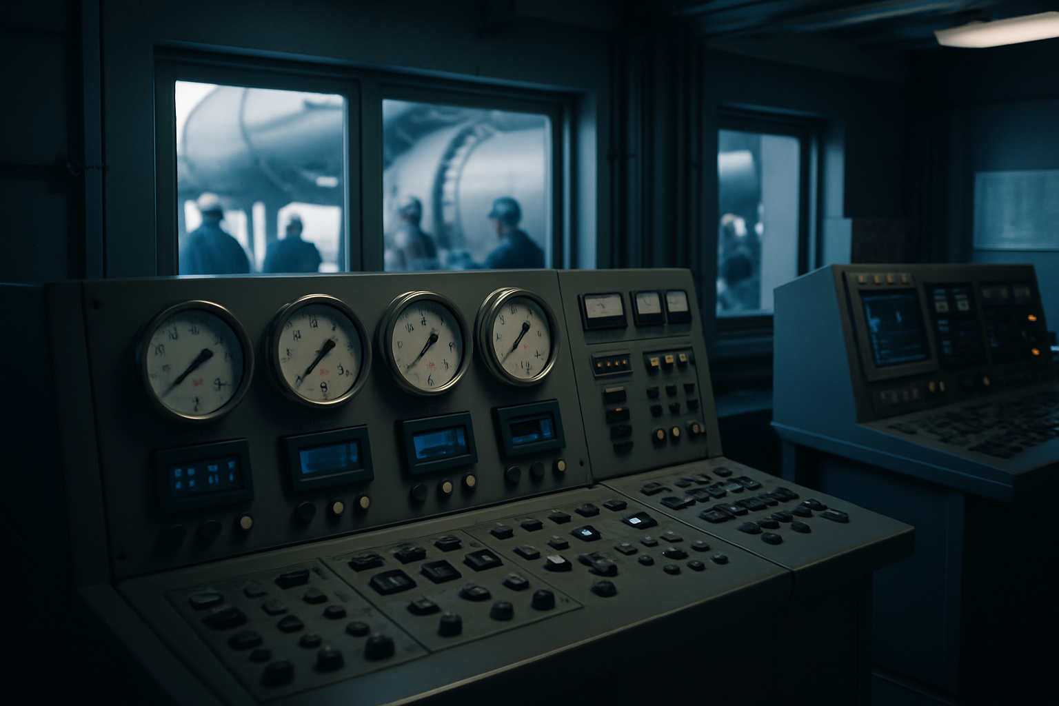 interior of a deepwater subsea pipeline control room showing instrument panels and pressure gauges with no operators present