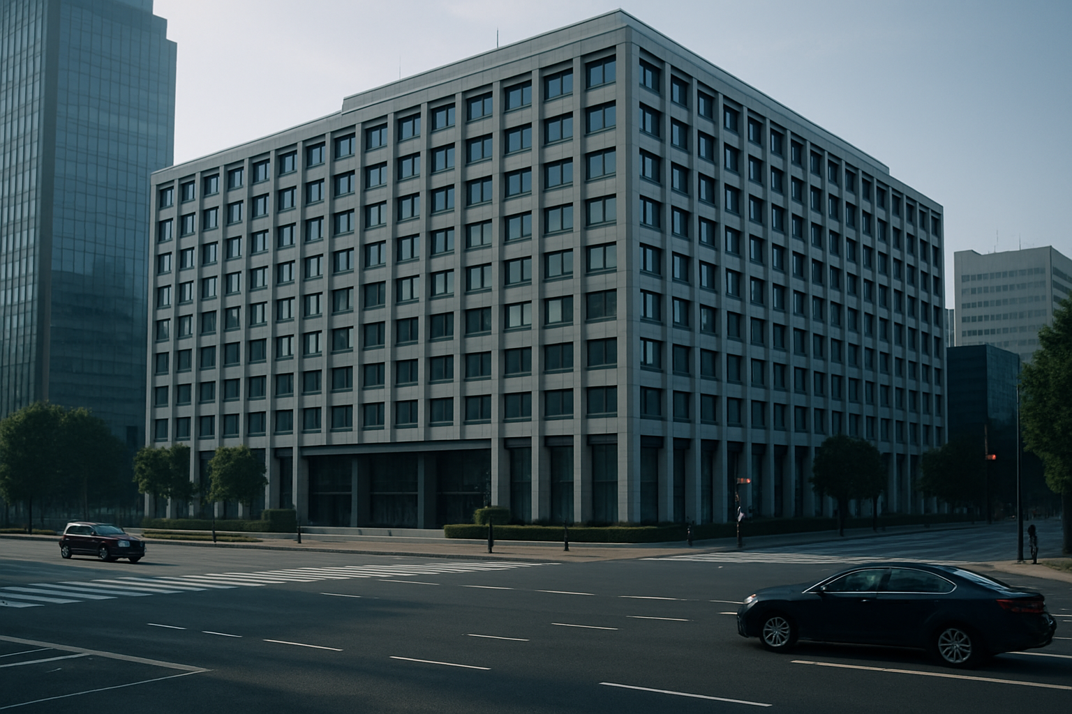 exterior of a large Japanese corporate headquarters building in central Tokyo, with a wide street and sparse early-morning traffic in the foreground