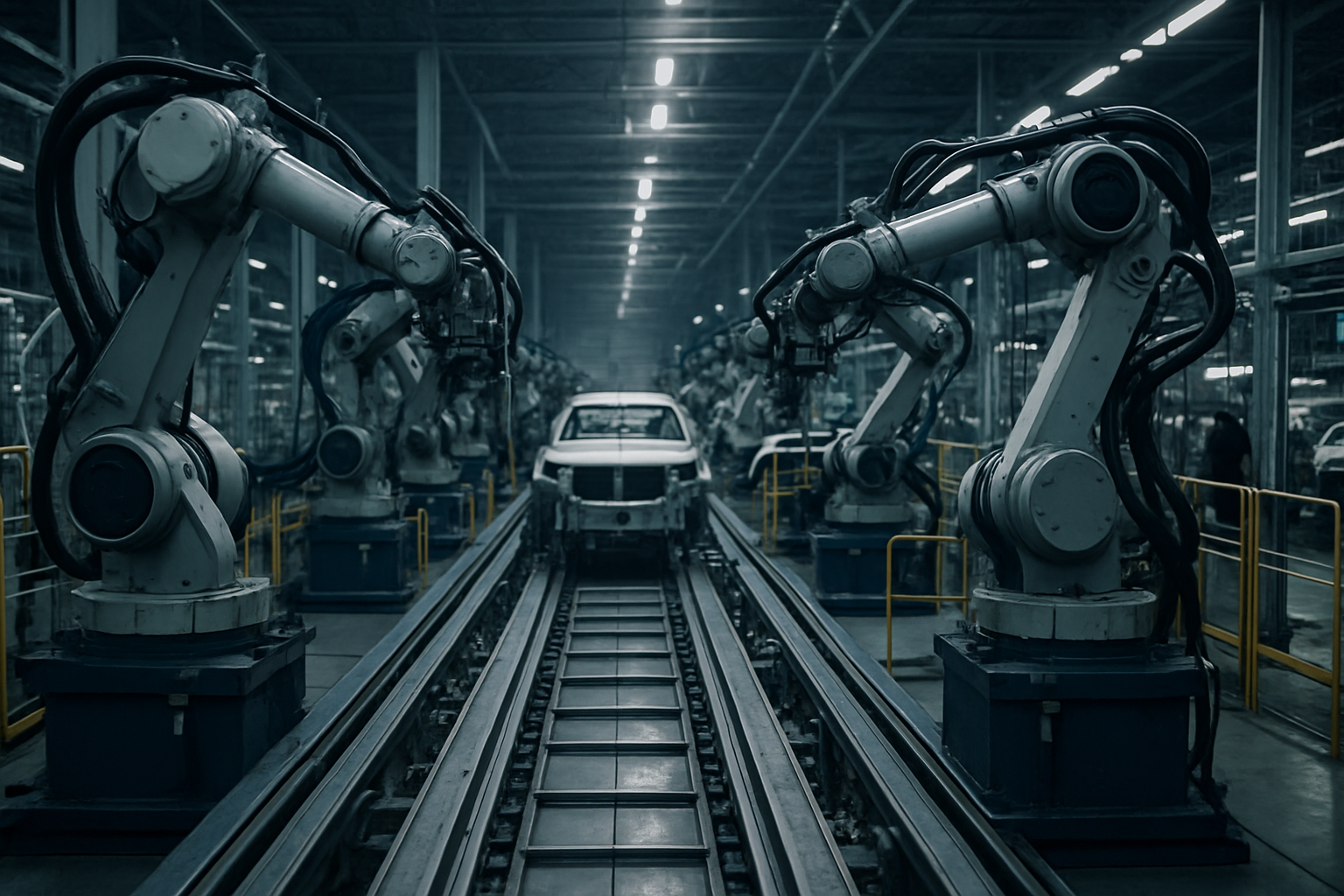rows of automated assembly machinery inside a Japanese automobile manufacturing plant, with conveyor lines extending into the background