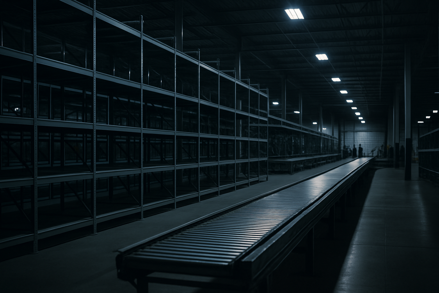 Empty warehouse shelving units inside a large U.S. e-commerce fulfilment centre, with conveyor belts idle and fluorescent lighting casting shadows across bare concrete floors