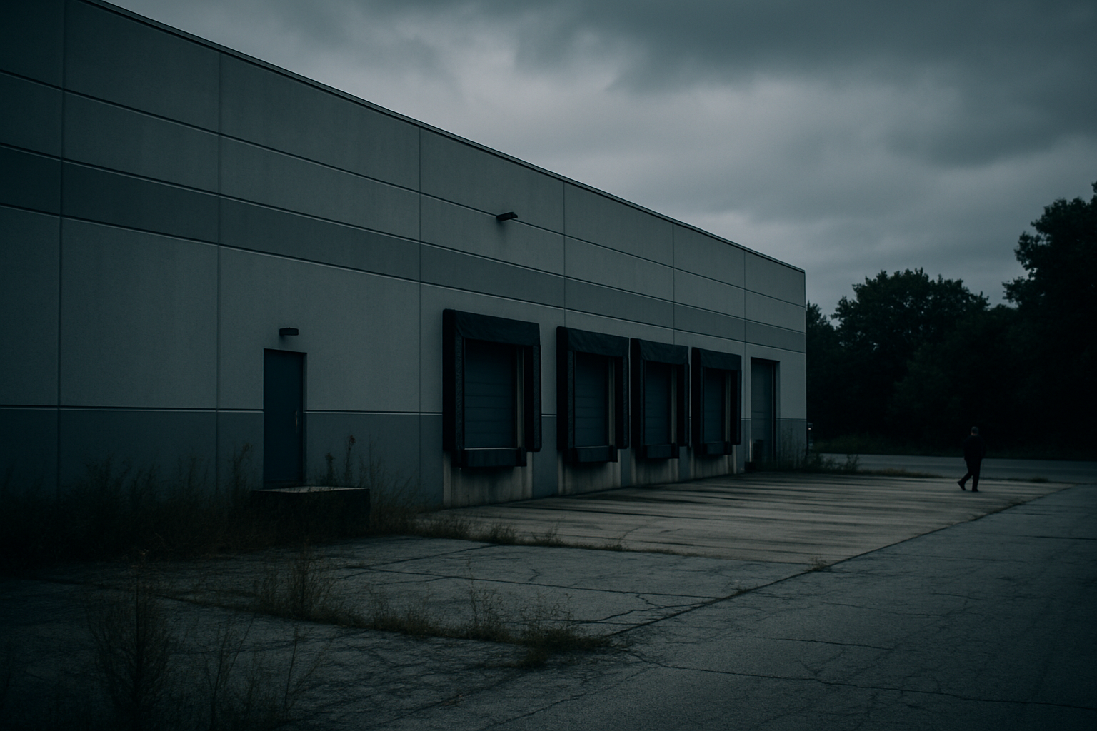 Exterior of a closed retail distribution facility in a suburban American industrial park, with empty loading bays and overgrown concrete forecourt visible under overcast skies