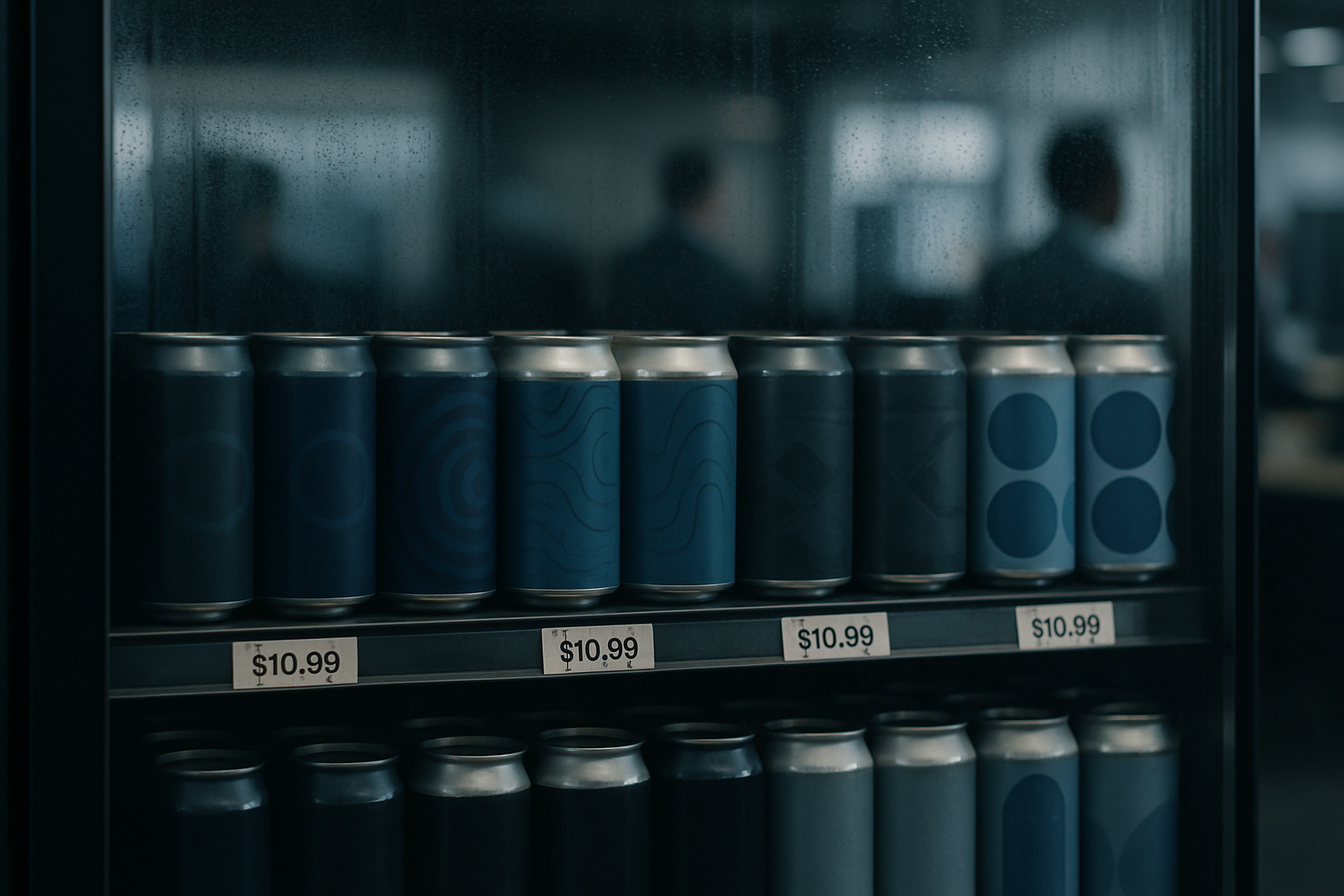rows of craft beer cans on a refrigerated store shelf, with price tags visible and cooler condensation on the glass door