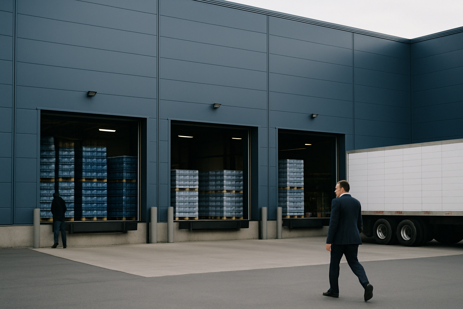 exterior of a large beverage distribution warehouse with loading docks and stacked pallets visible through open bay doors