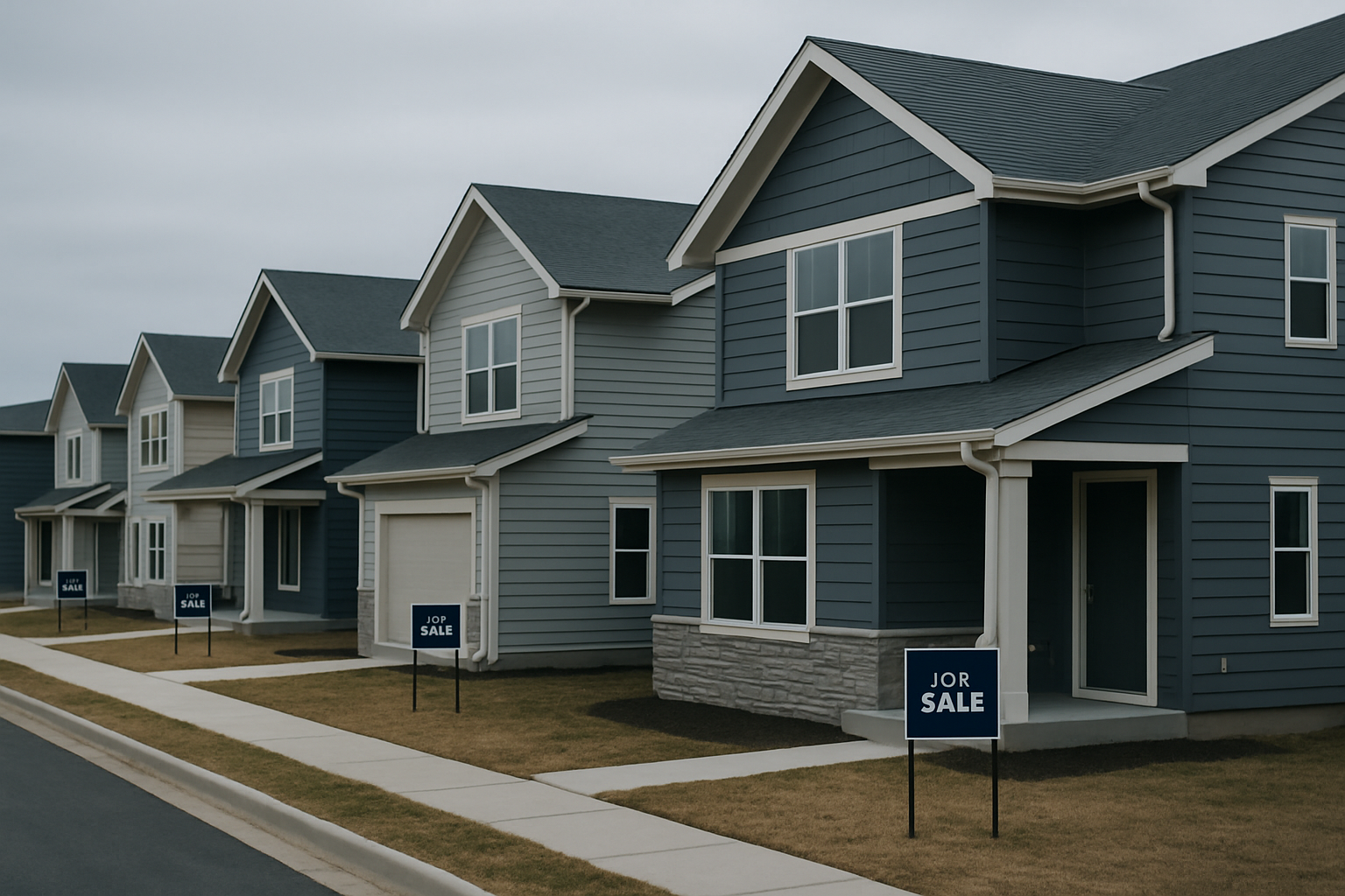 exterior of a row of newly constructed suburban homes with for-sale signs on an overcast day, no visible residents