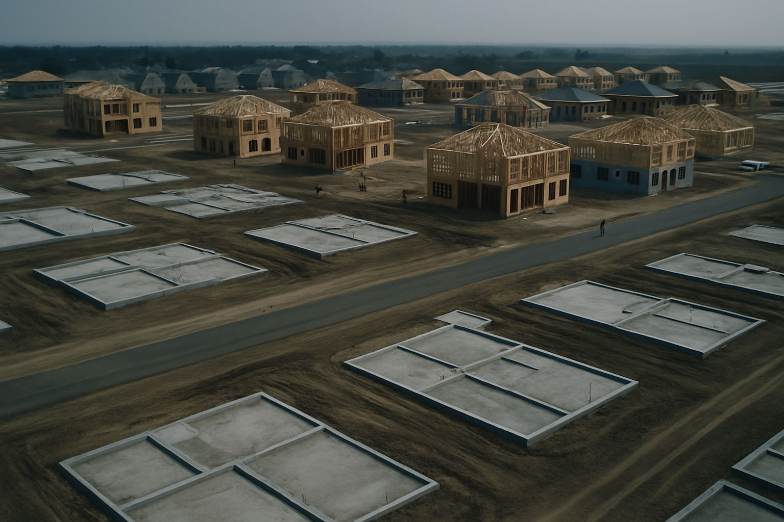 aerial view of a large unfinished housing development with concrete foundations and framed structures across a wide flat terrain