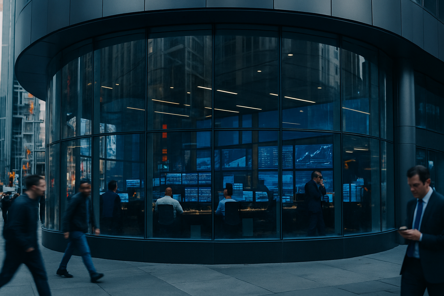 exterior of the Nasdaq MarketSite building in Times Square at midday, glass facade reflecting street activity