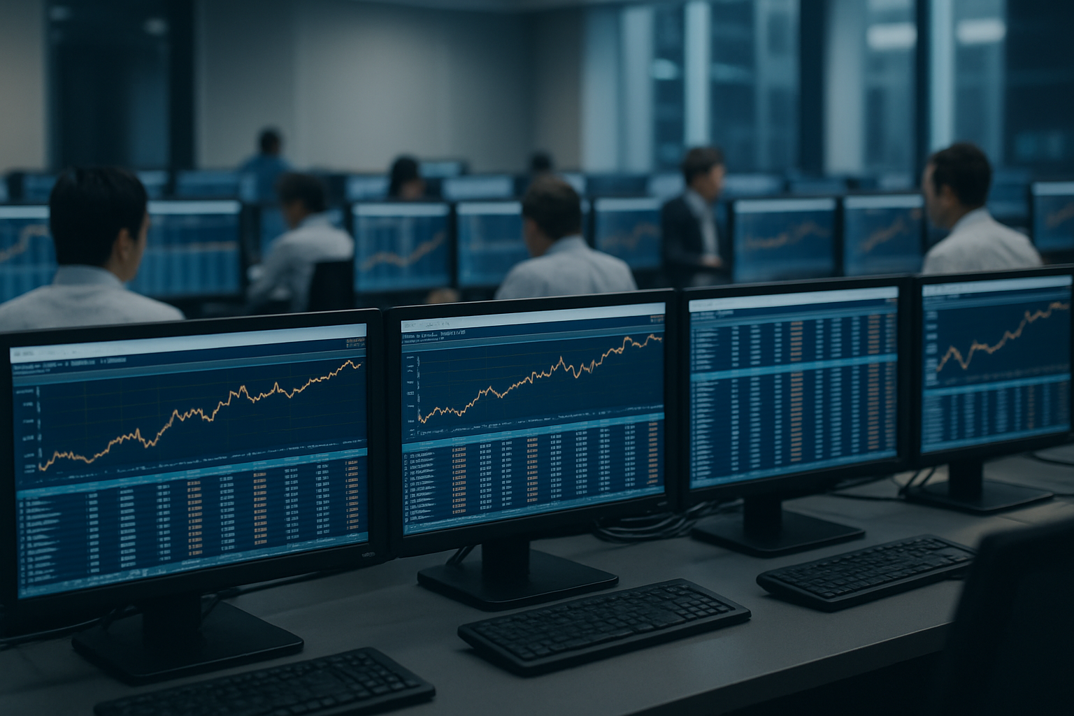 rows of financial trading terminal screens displaying equity listings and warrant pricing data in a brokerage operations room