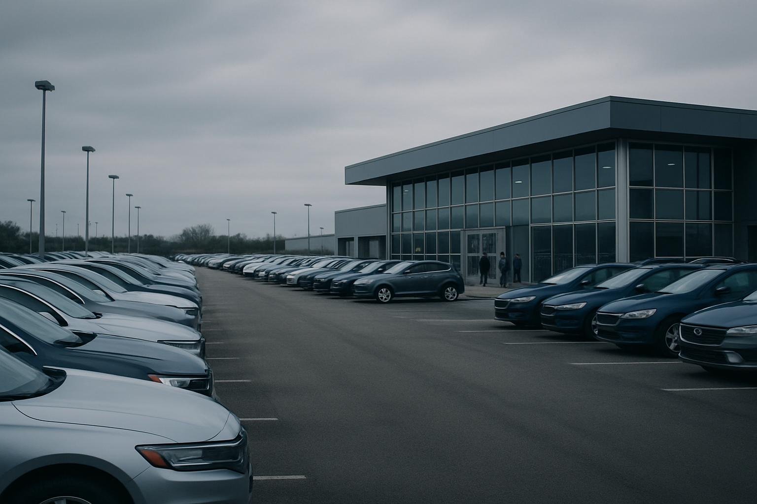 exterior of a large automotive dealership forecourt with rows of unsold vehicles under overcast skies