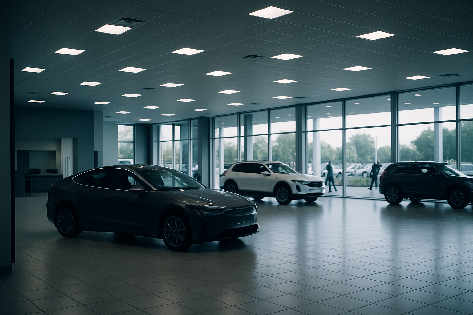 empty indoor showroom floor of a car dealership with overhead lighting reflecting off polished tile
