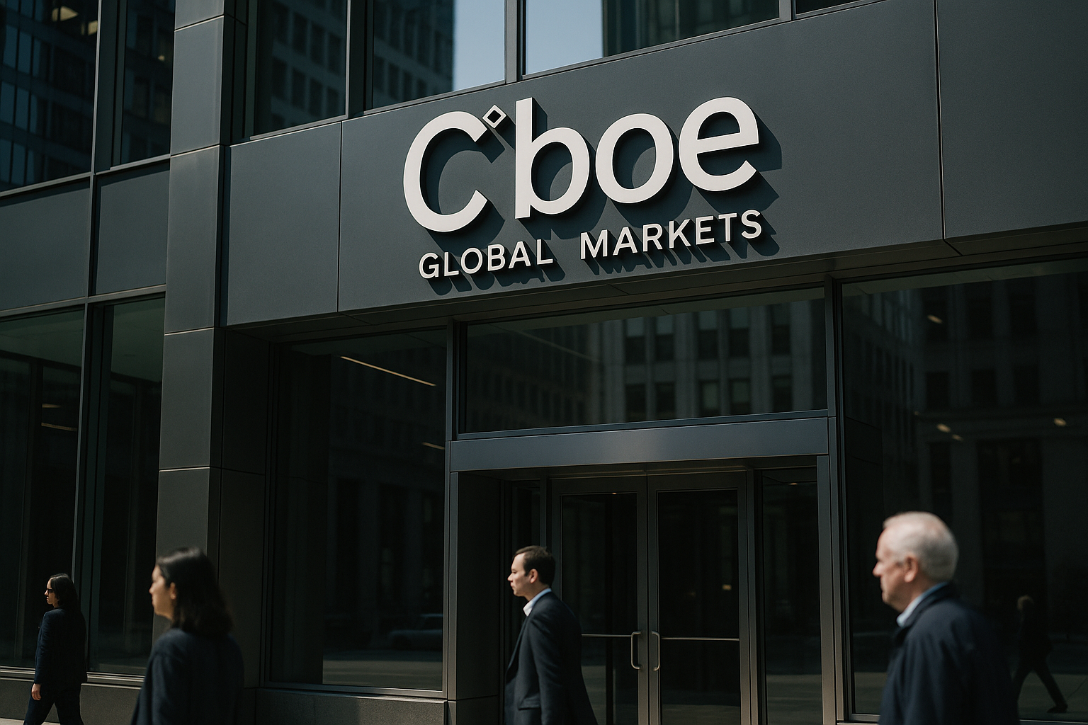 exterior of the Cboe Global Markets exchange building in Chicago at midday, with the company signage visible above the entrance