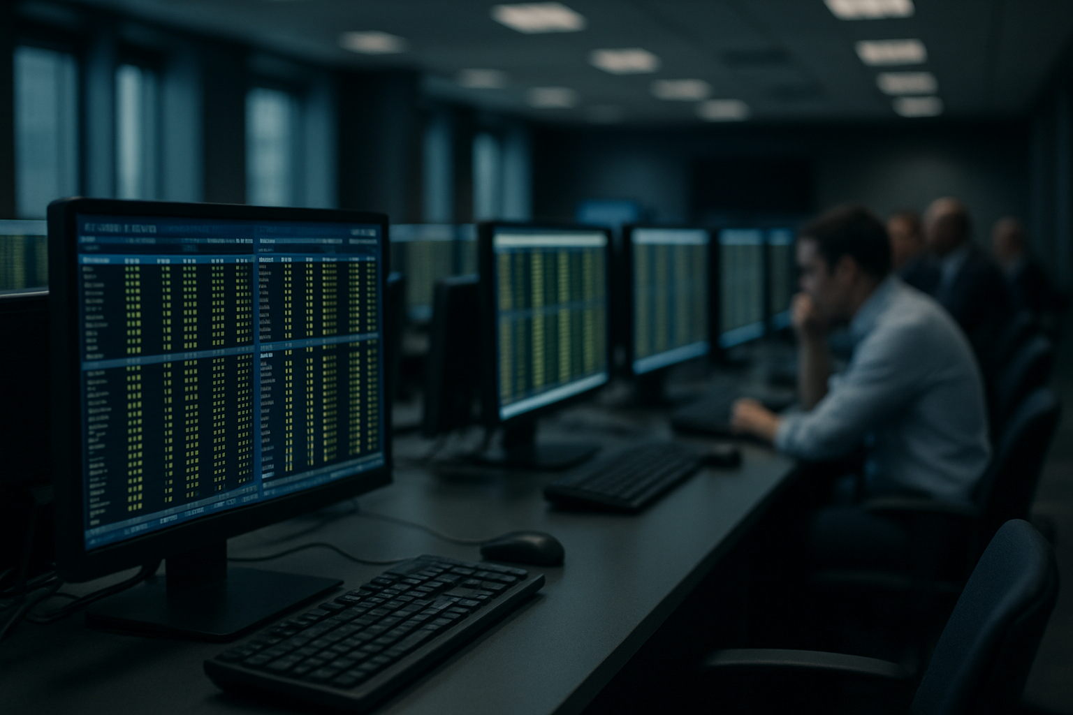rows of illuminated trading terminals displaying options pricing data in a dimly lit exchange operations center