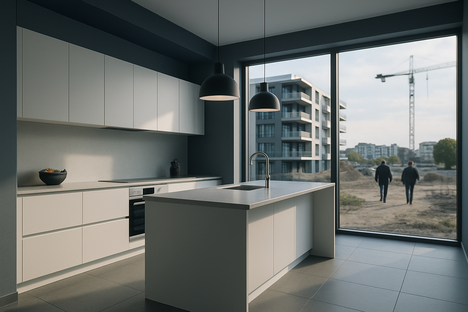 a rendered 3D interior of a modern open-plan kitchen with white cabinetry, island bench, and natural light from floor-to-ceiling windows