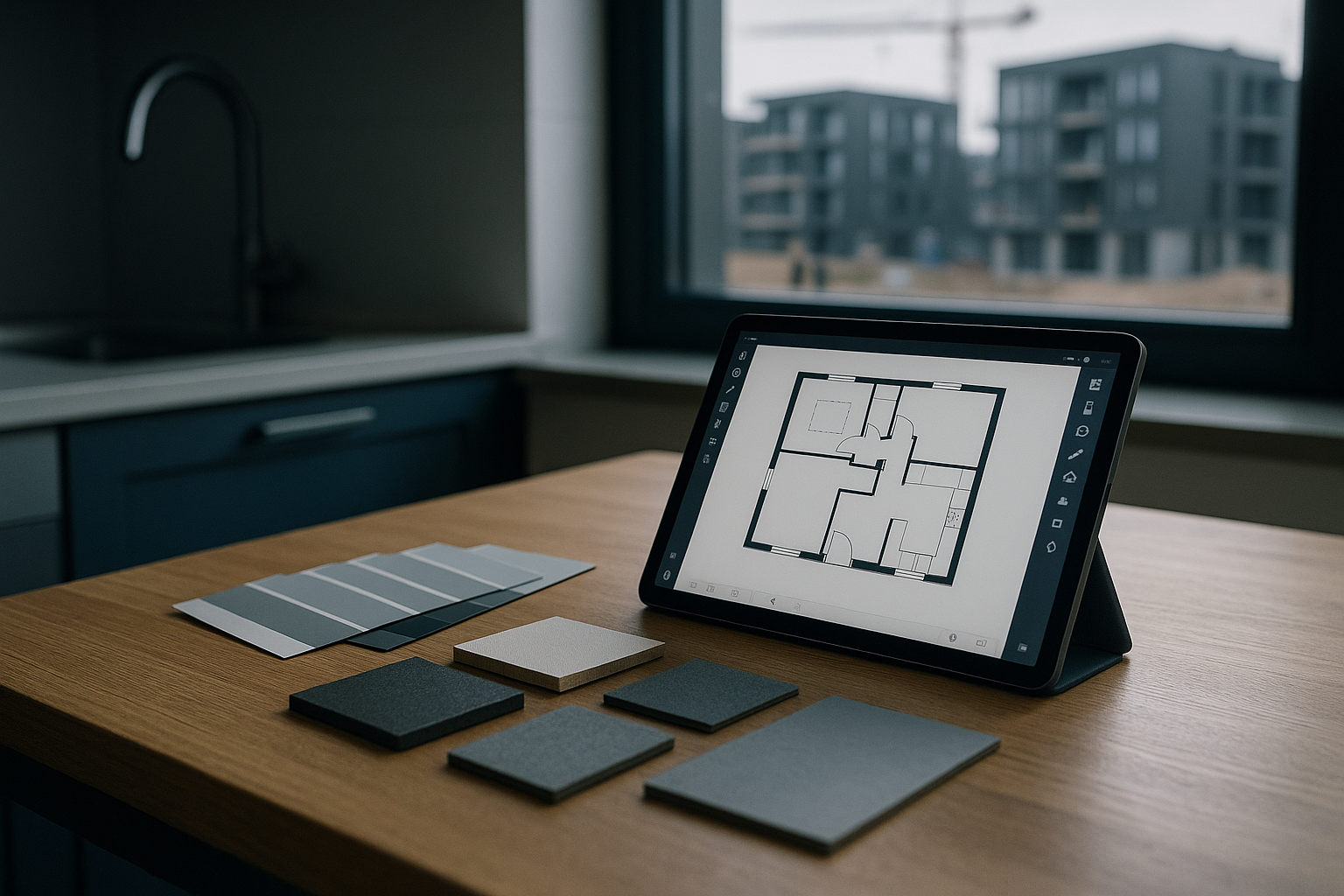 a tablet propped on a kitchen counter displaying a floor plan layout application, with paint swatches and material samples arranged nearby on a wooden surface