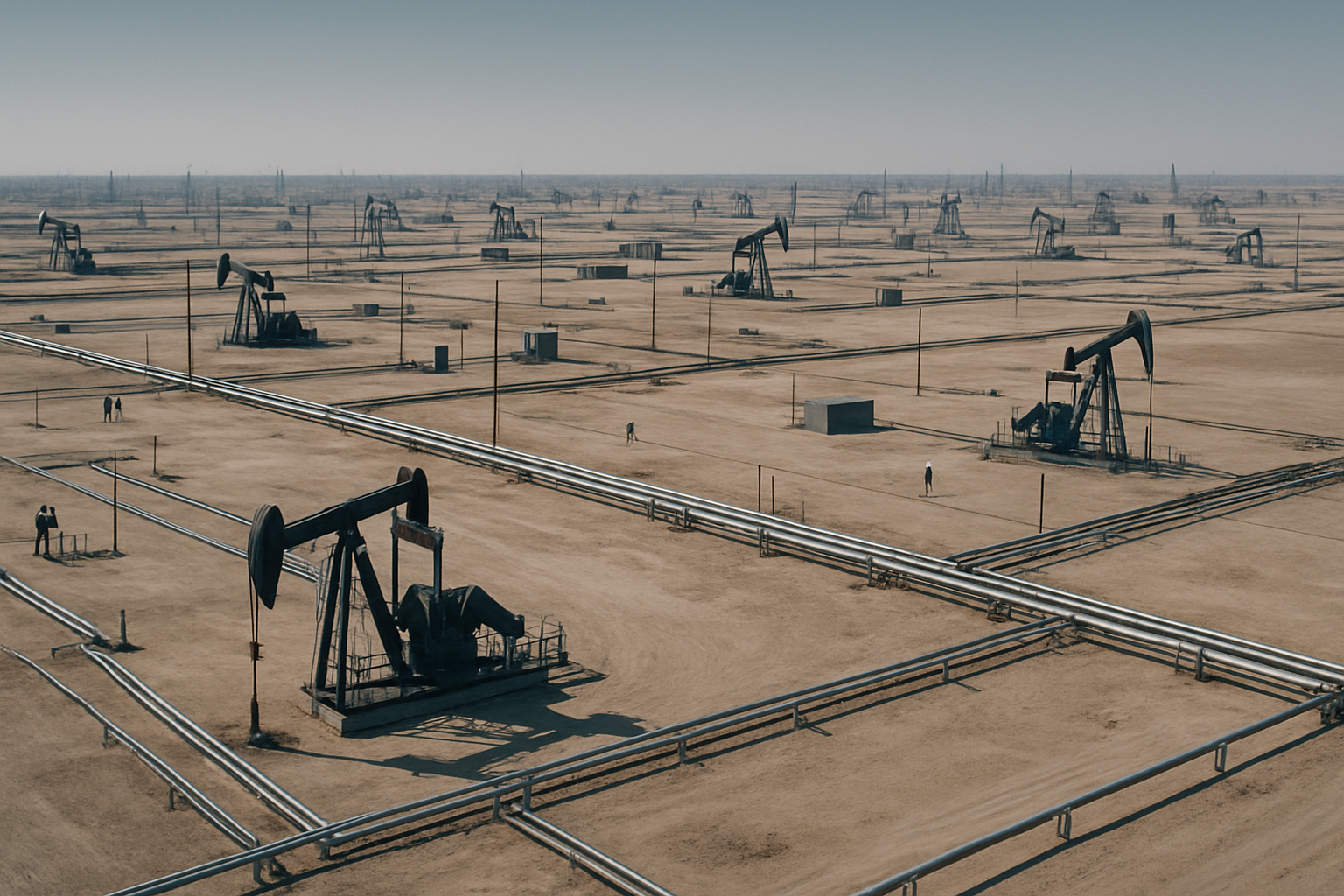 aerial view of an expansive oil field in the Iraqi desert at midday, with pump jacks and pipelines stretching toward the horizon