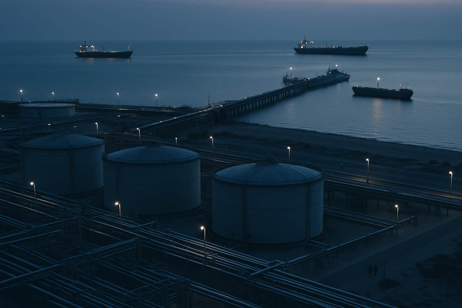 a sprawling oil export terminal on the Persian Gulf coast at dusk, with tankers visible at anchor in calm waters