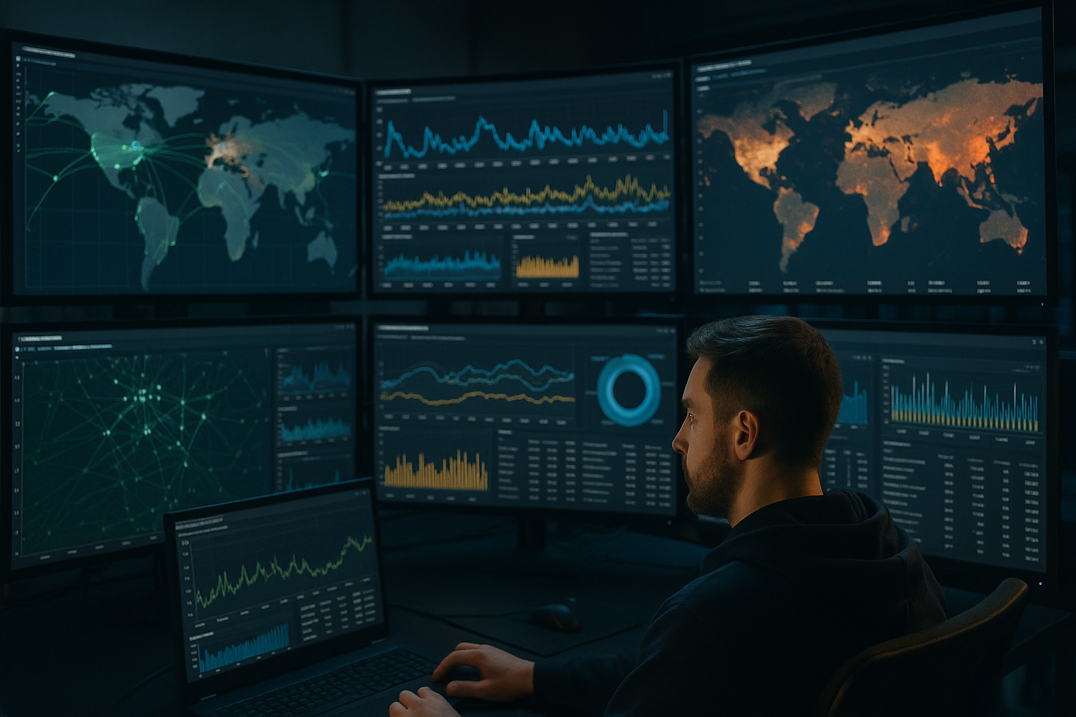 A cybersecurity analyst monitoring multiple network traffic dashboards in a dimly lit operations center