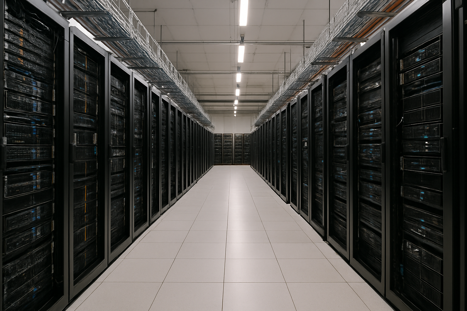 Rows of high-density server racks inside a large-scale data center facility with overhead cable trays