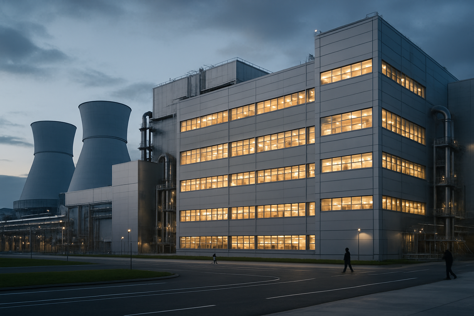 exterior of a large semiconductor fabrication plant at dusk, with industrial cooling towers and amber-lit windows