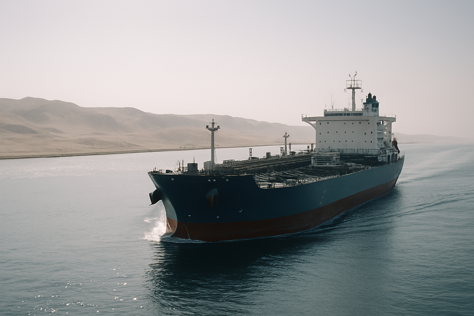 cargo tanker navigating a narrow stretch of water with arid coastline visible in the background under hazy midday light