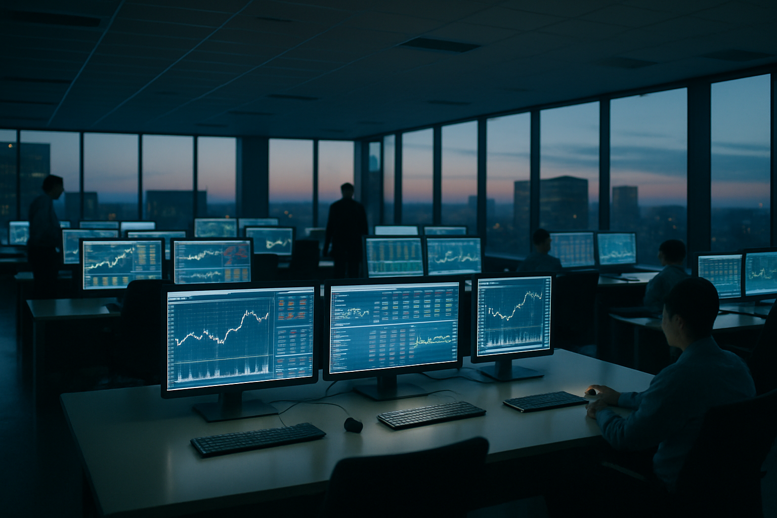 wide-angle view of an empty trading floor at dusk, rows of illuminated terminals displaying financial data against darkened windows