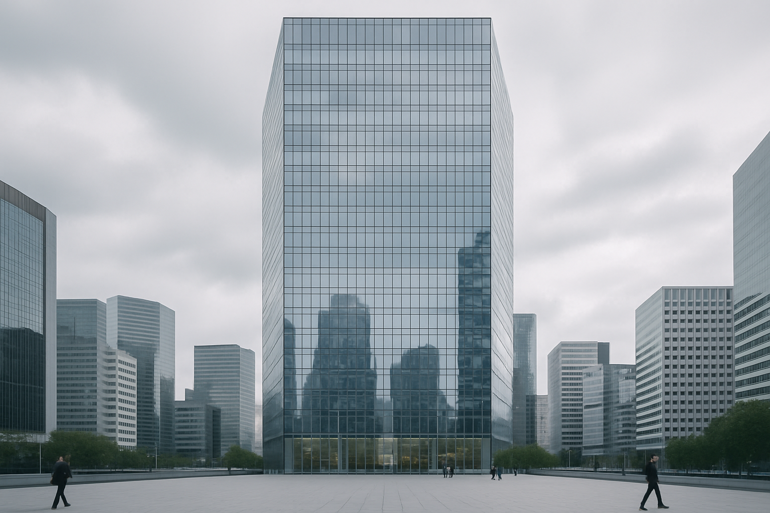 exterior of a large glass office tower in a financial district at midday, reflecting overcast skies and surrounding city skyline