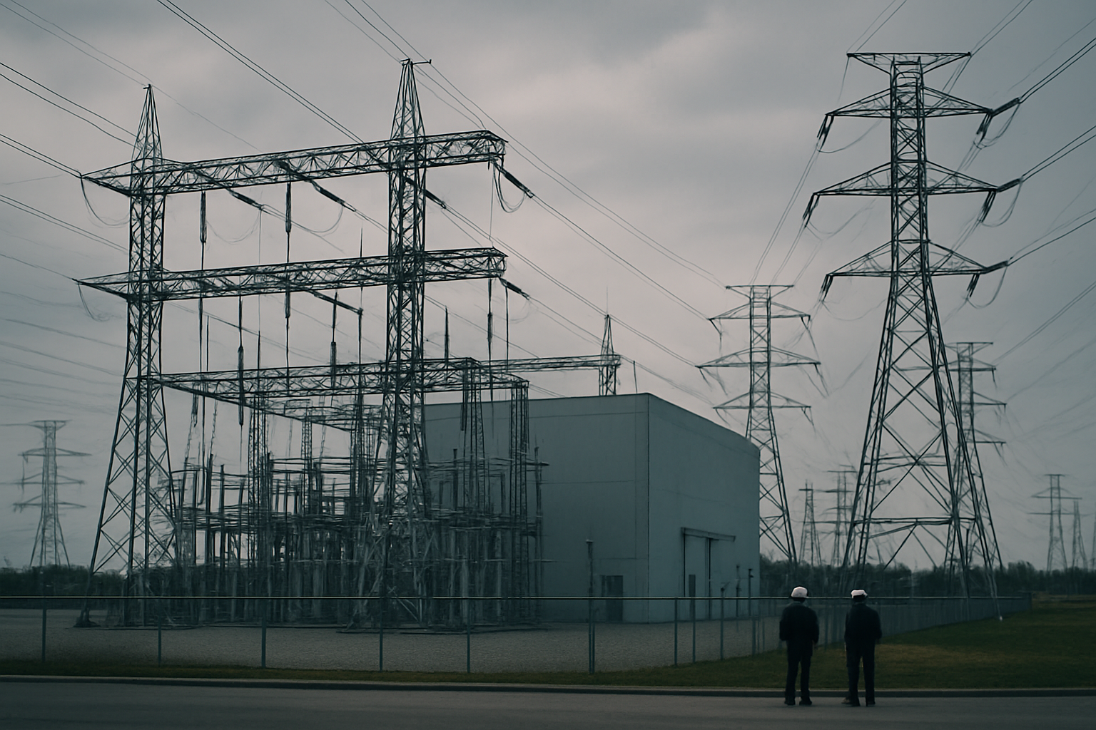 exterior of a large electrical substation with transmission towers stretching into a cloudy Michigan sky