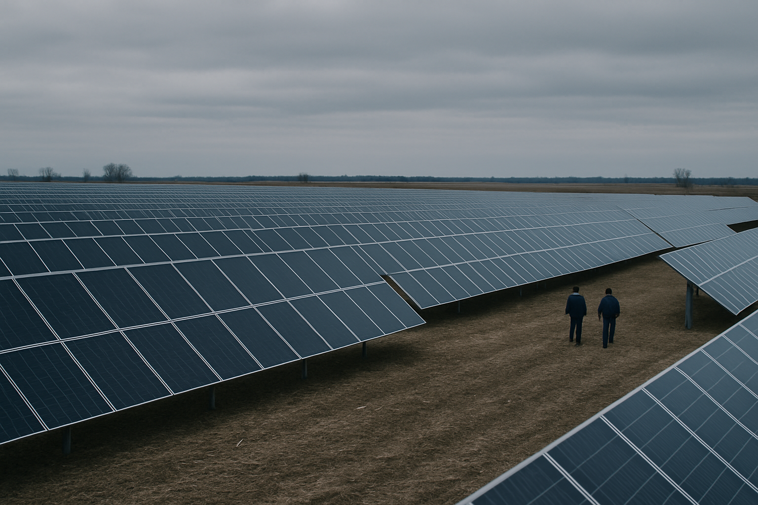 rows of large solar panels installed across flat farmland under an overcast Midwestern sky