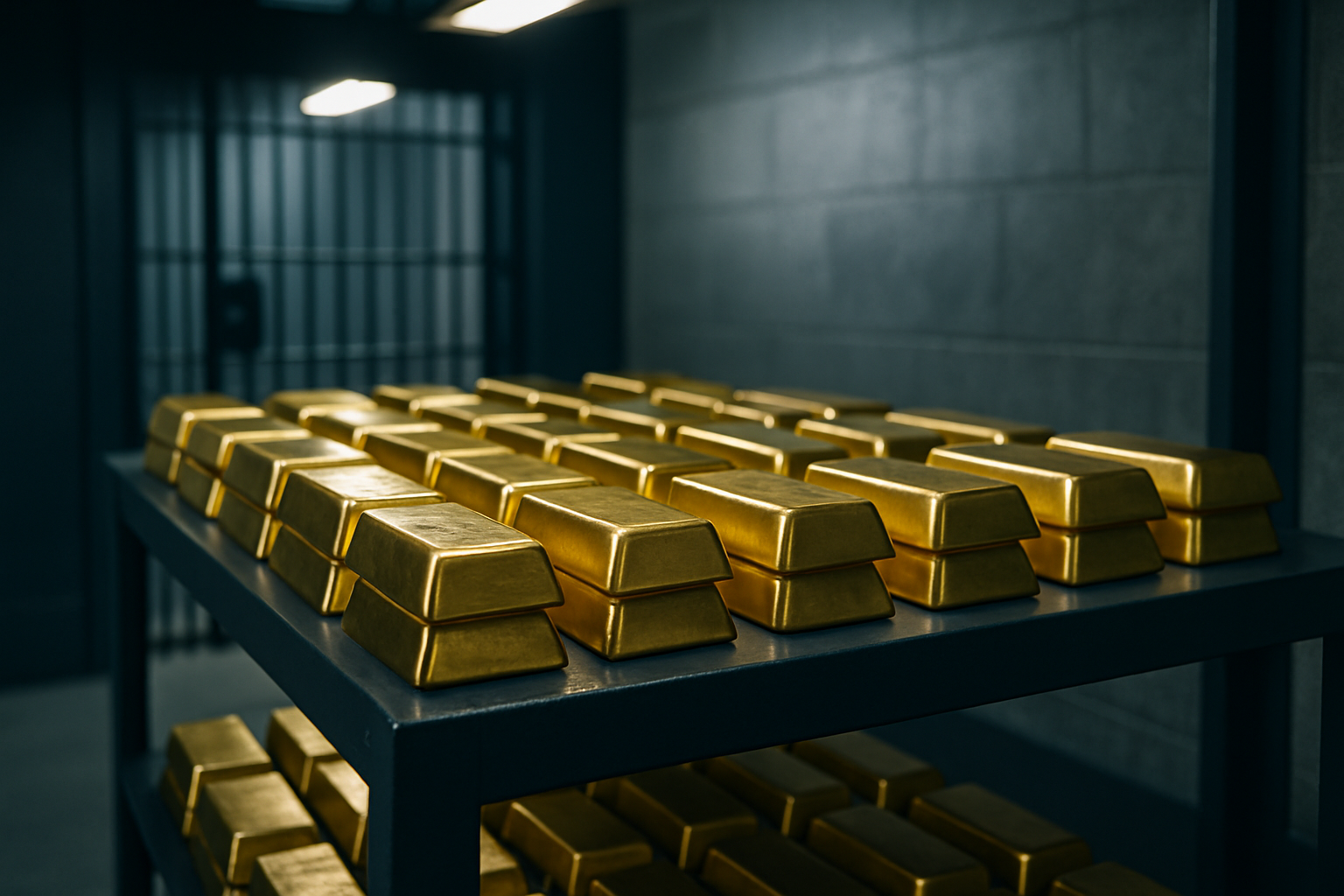 rows of gold bullion bars arranged on a vault shelf under bright overhead lighting, with a metal cage door visible in the background