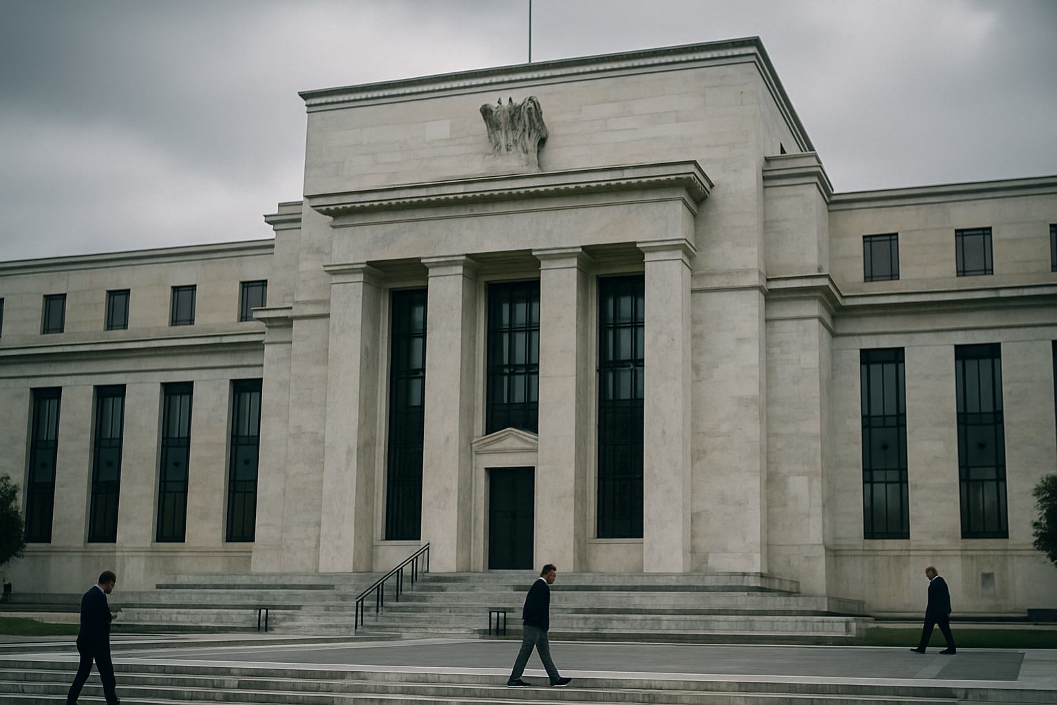 exterior of the Federal Reserve building in Washington D.C. on an overcast afternoon, with stone columns and a wide set of steps in the foreground