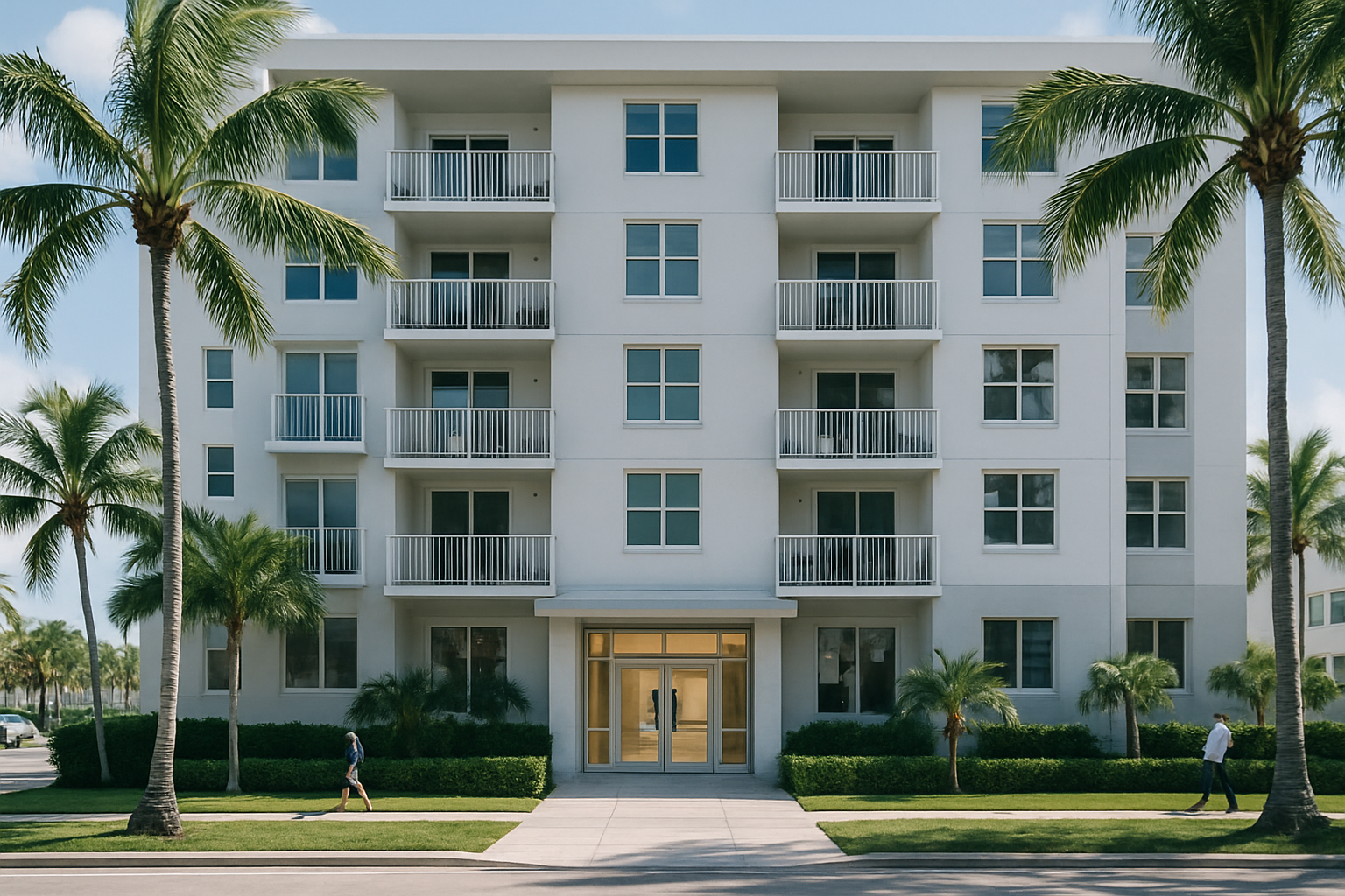 exterior facade of a mid-rise condominium building with a visible entrance lobby and palm trees in a sunlit Florida coastal setting
