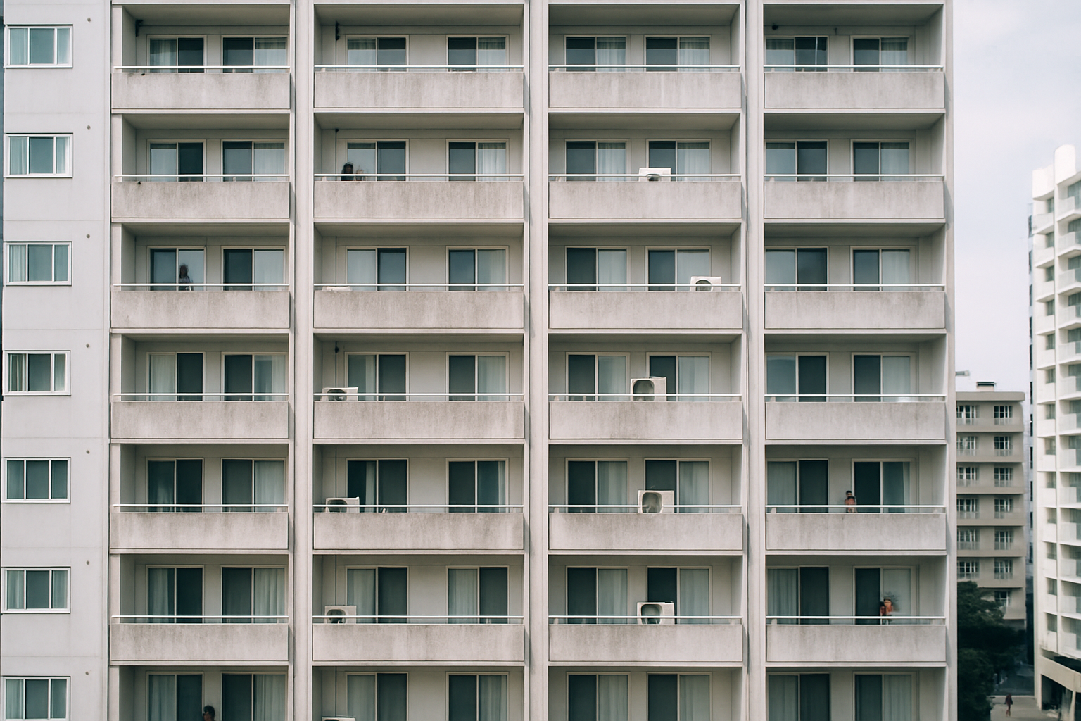 rows of identical condominium balconies on a high-rise tower photographed from street level, showing weathered concrete railings and window air conditioning units