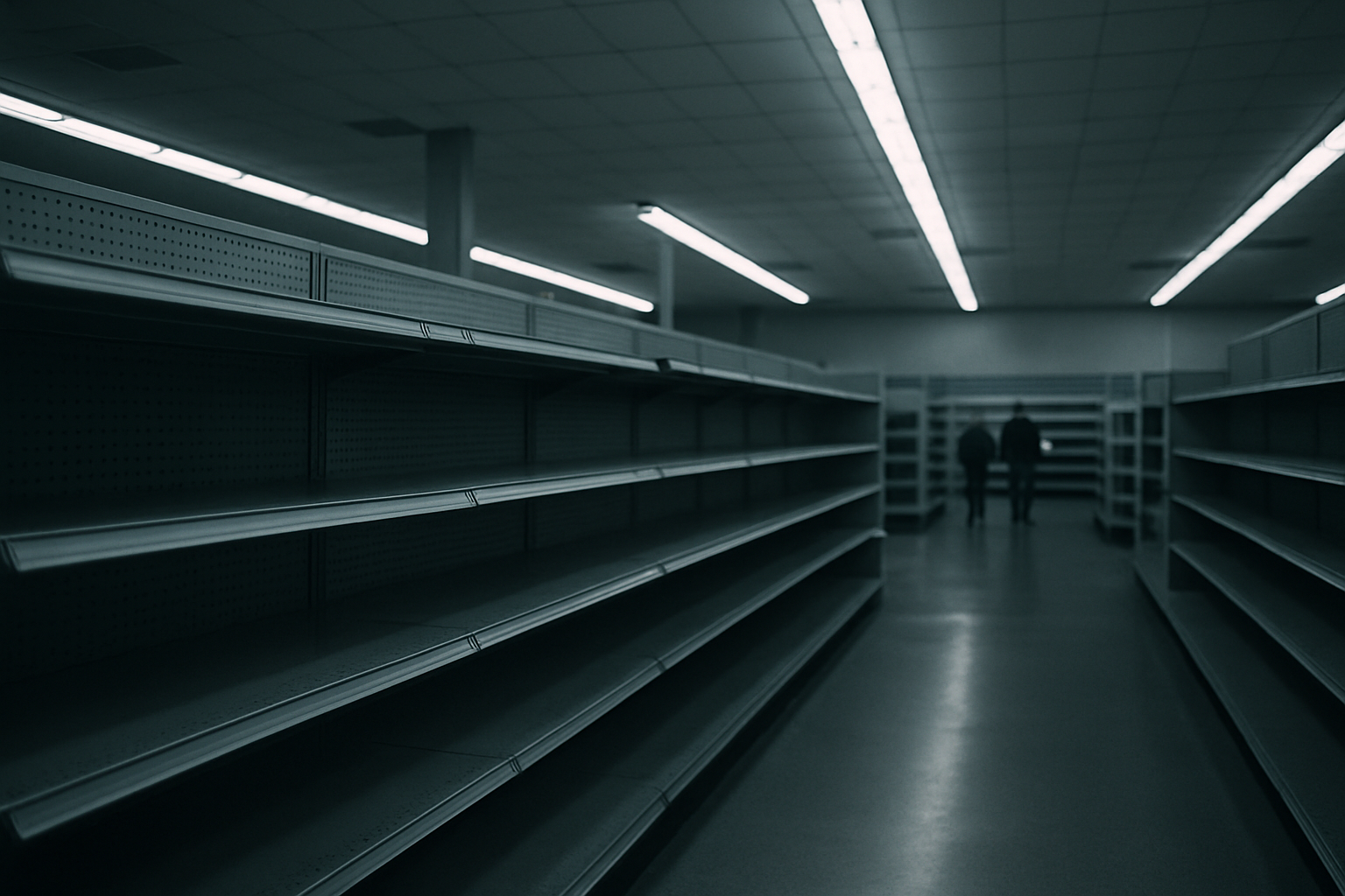 empty retail store interior with rows of unstocked shelves and overhead fluorescent lighting, no signage visible