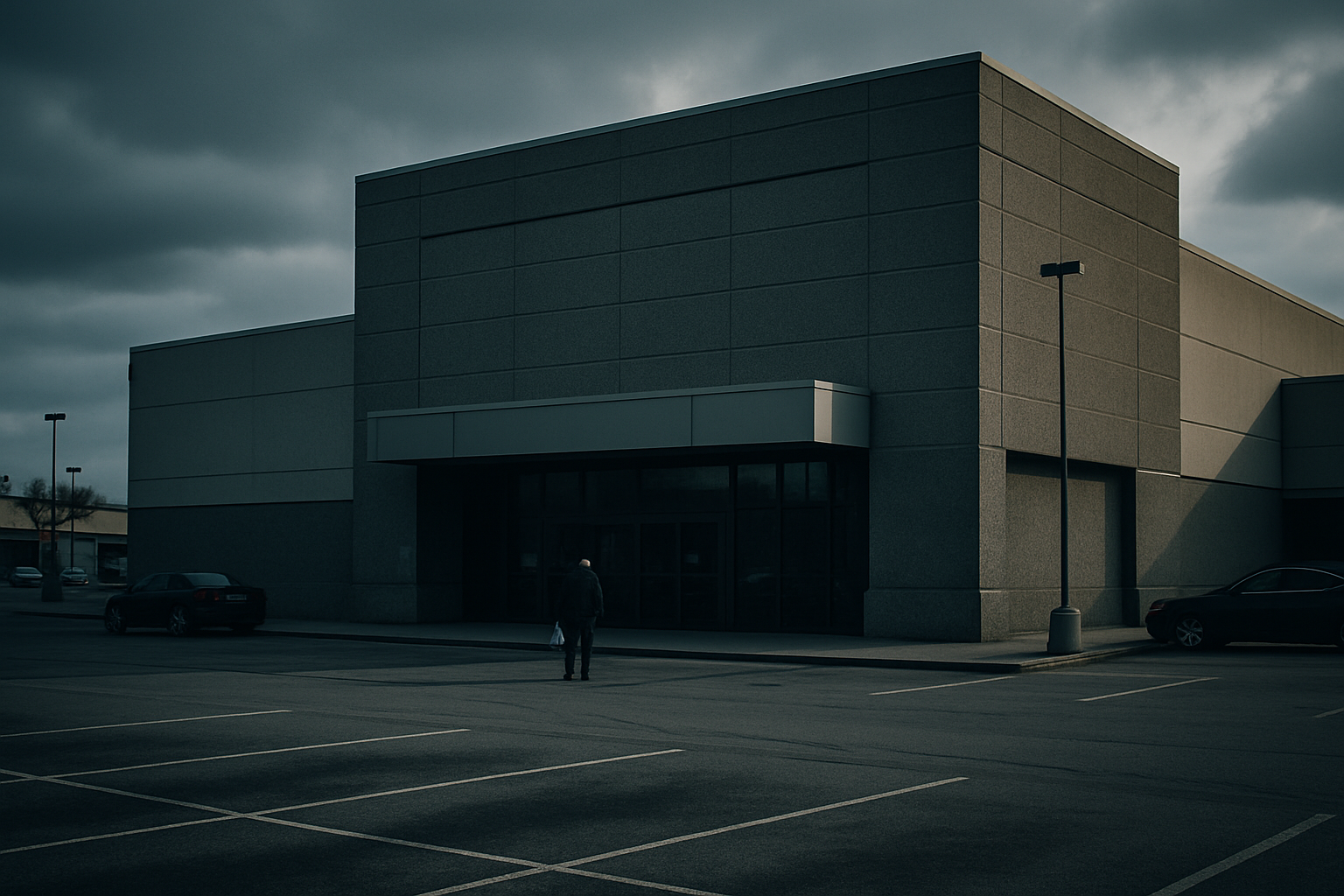 exterior of a mid-sized department store in a suburban shopping centre on a quiet weekday afternoon, parking lot mostly empty