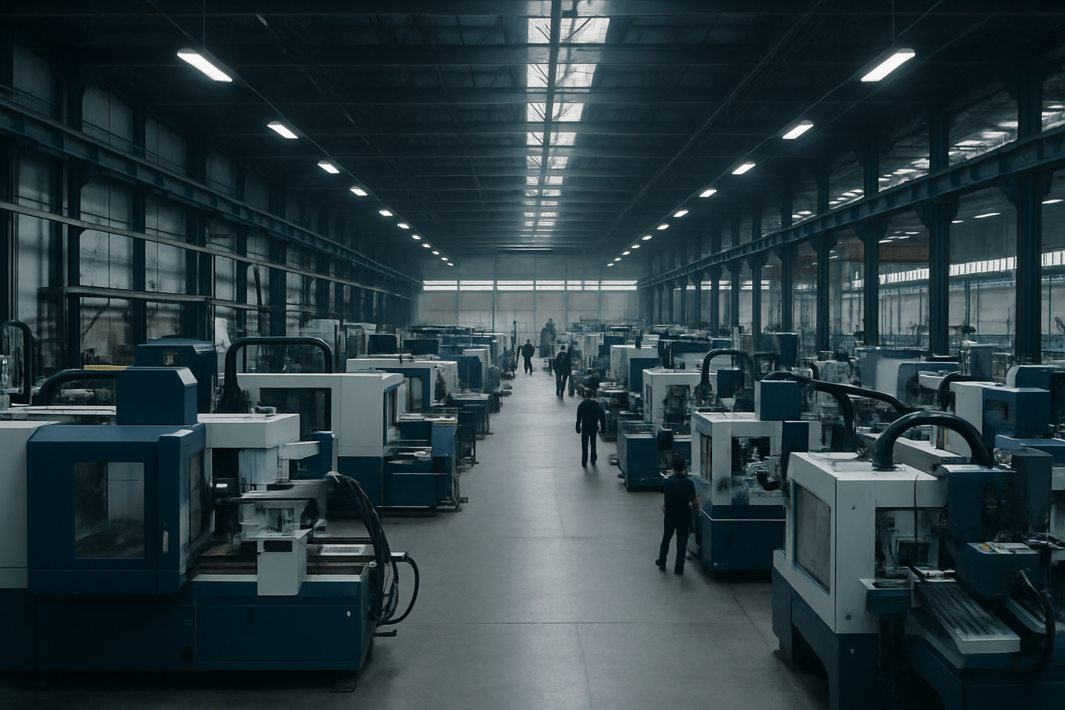 rows of industrial manufacturing equipment inside a large steel-framed factory floor, shot from a wide angle showing automated assembly lines and overhead lighting