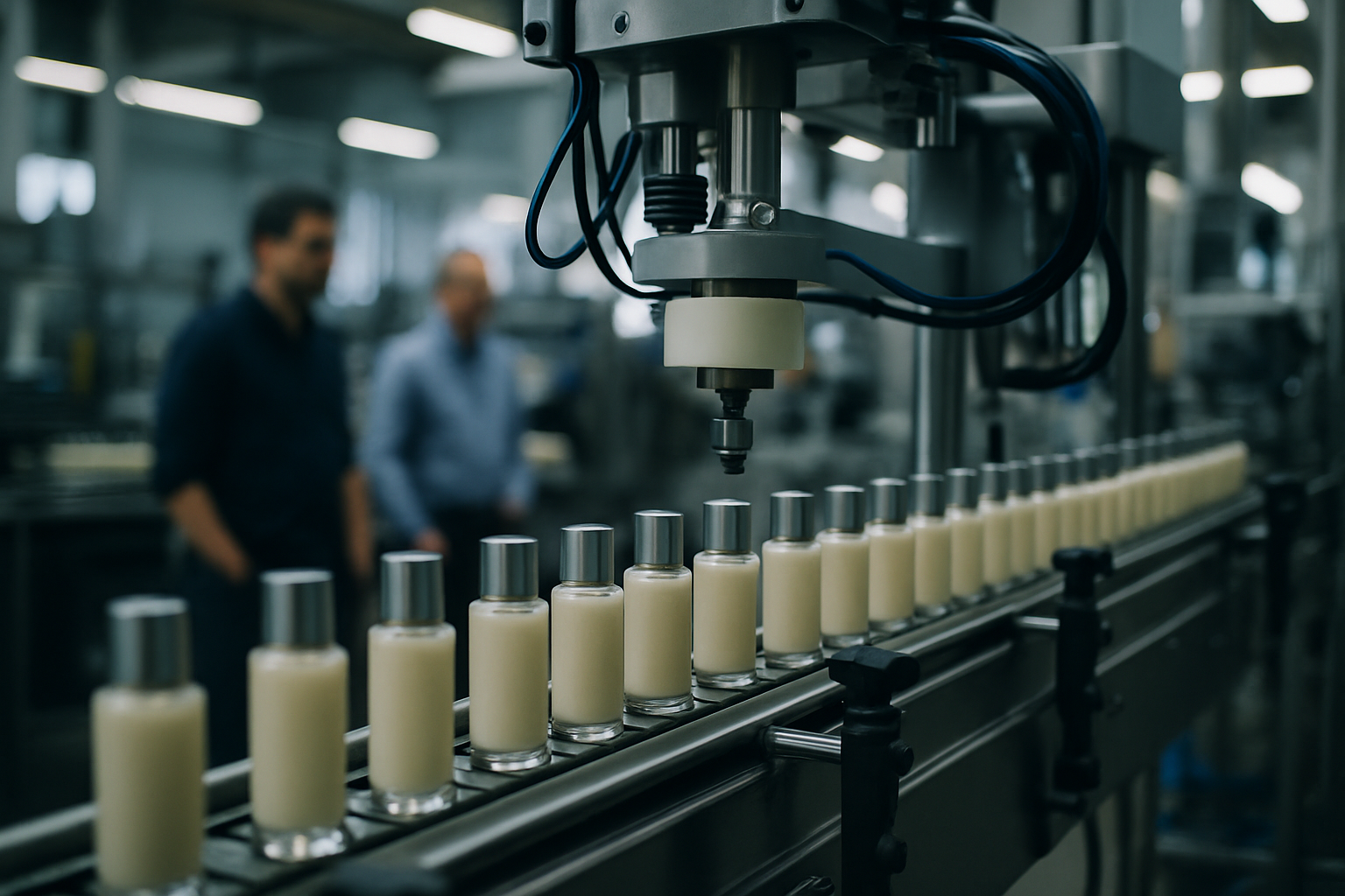 industrial packaging production line with automated machinery filling and sealing rows of glass cosmetic containers in a factory setting