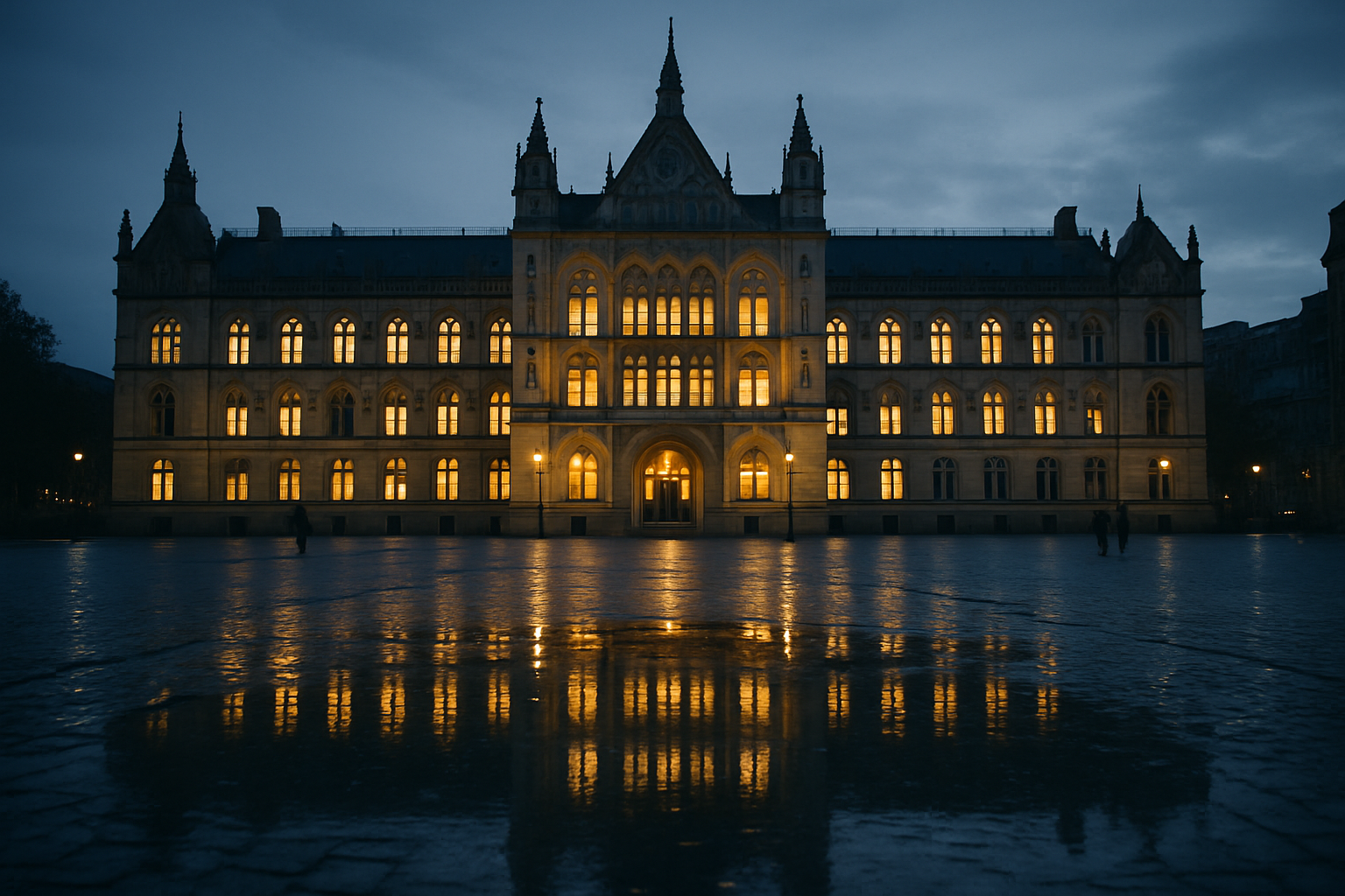 exterior of a centuries-old parliamentary building at dusk, its illuminated windows reflected in wet cobblestones below