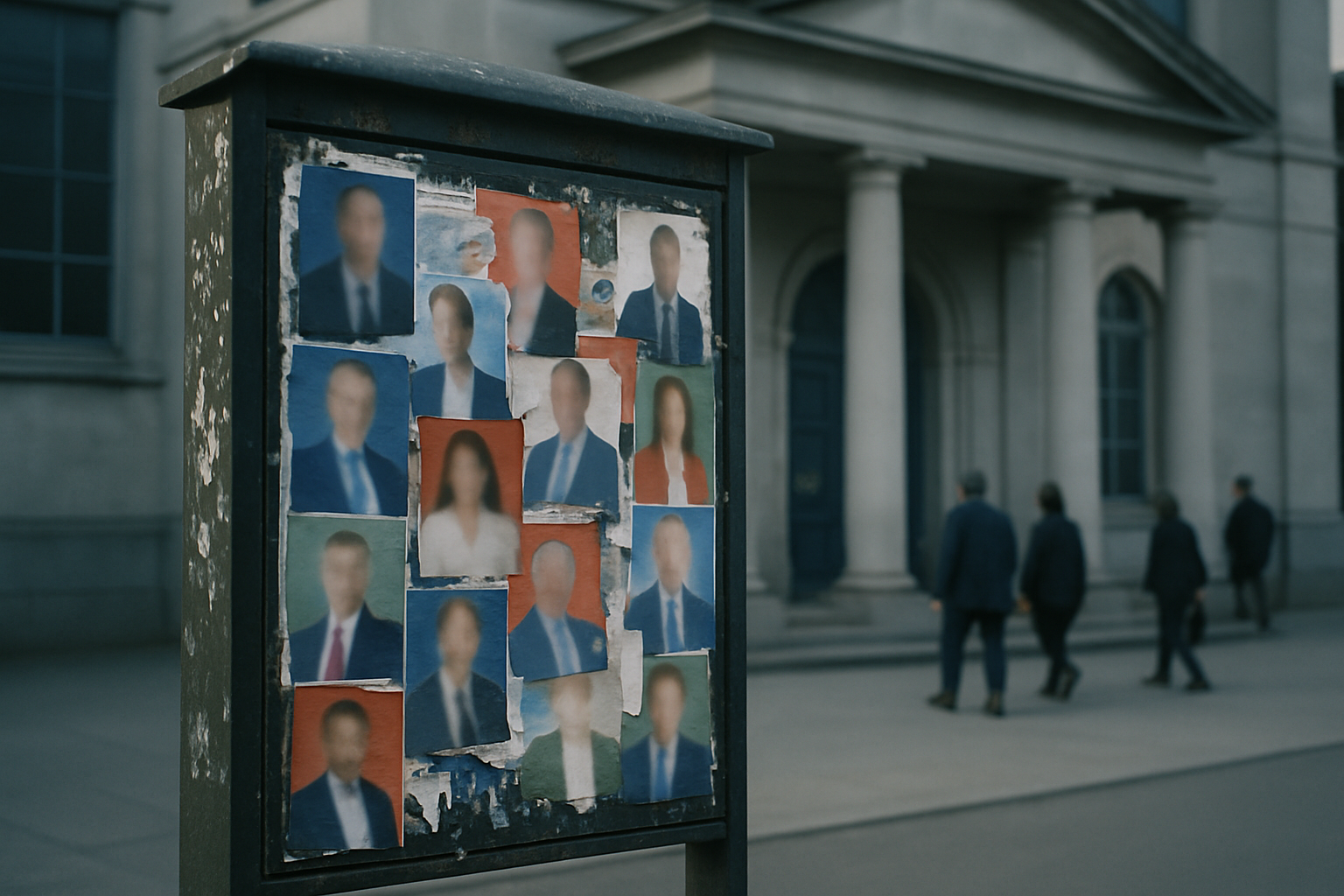 a weathered public notice board outside a local civic hall, covered in overlapping election campaign posters of various colours