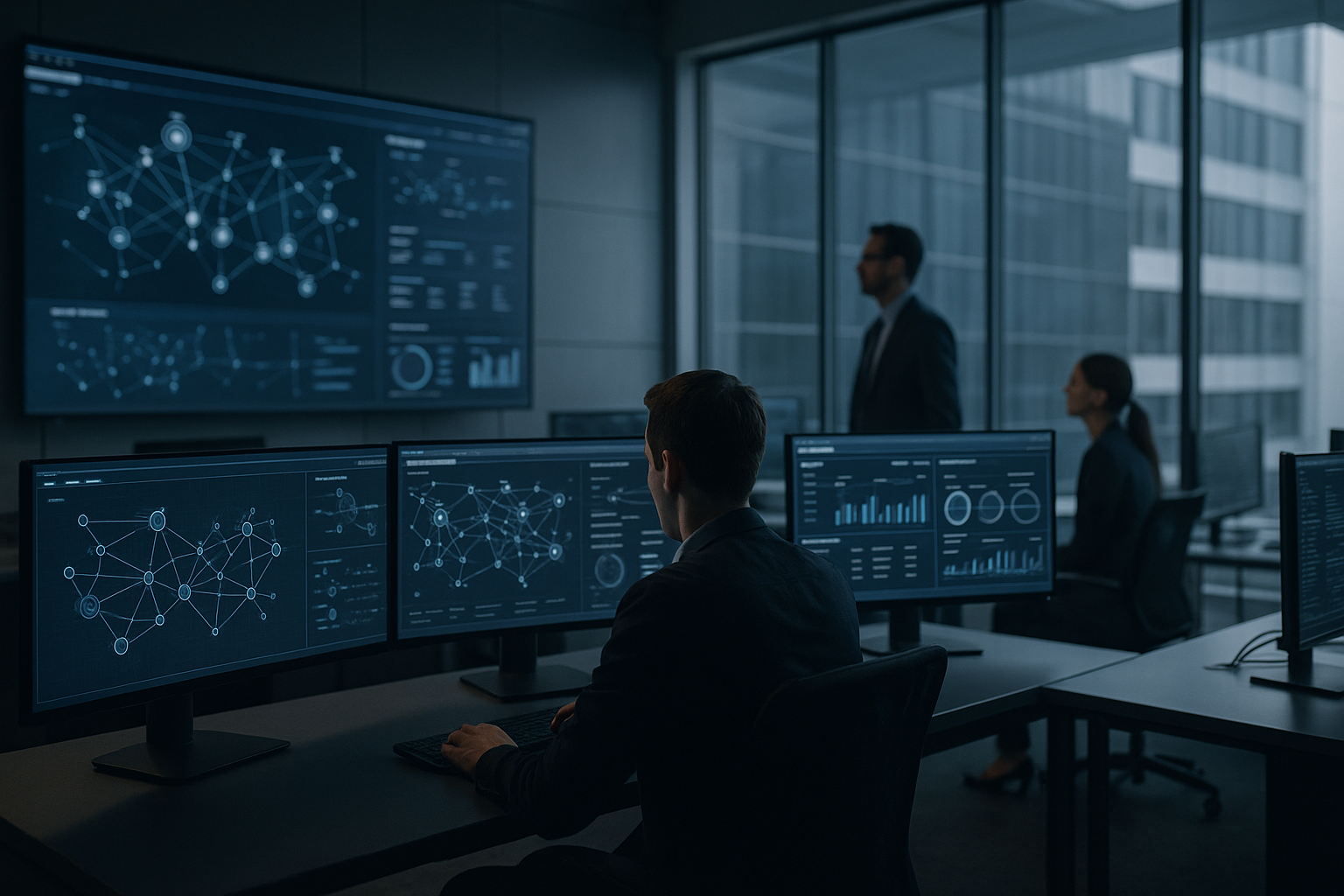 interior of a modern cybersecurity operations center with multiple curved monitors displaying network topology maps and threat dashboards