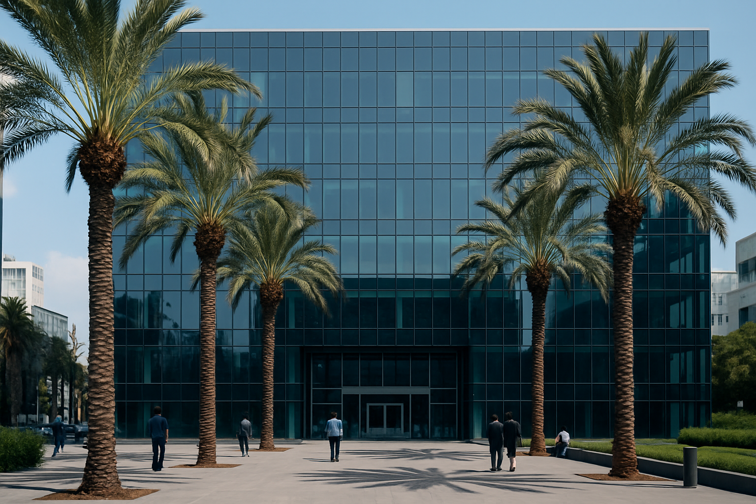 exterior of a glass-fronted technology campus in Tel Aviv at midday, with palm trees lining the entrance path
