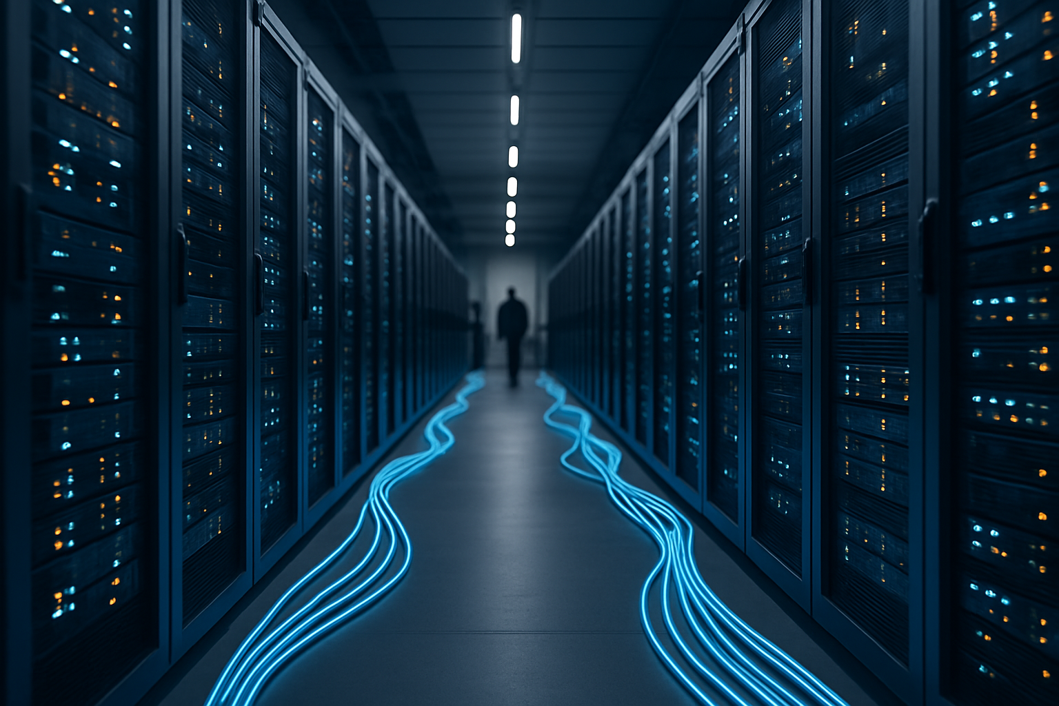 interior of a modern server room with rows of illuminated rack-mounted hardware and glowing fiber optic cables running along the floor