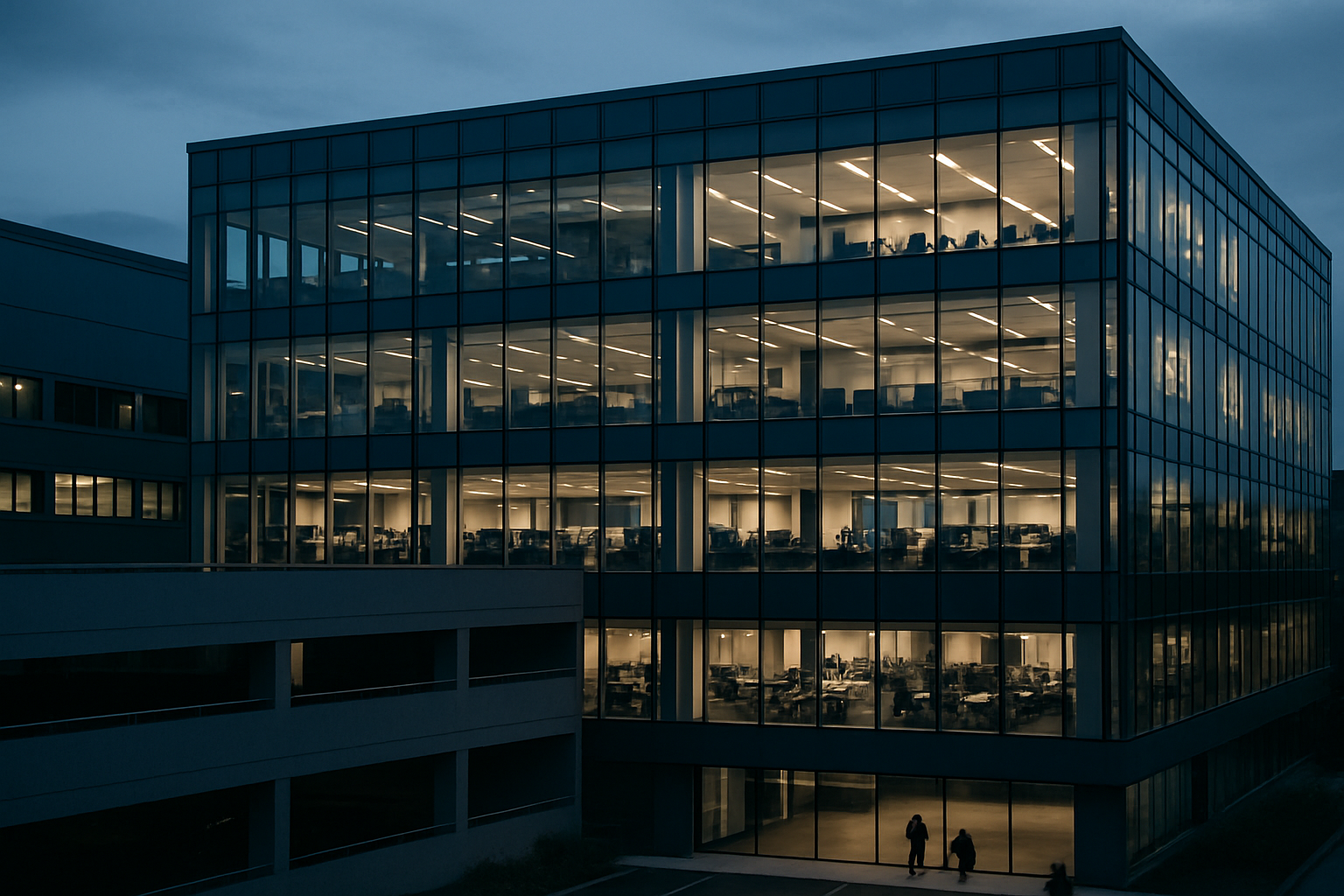 exterior of a glass-facade technology office building at dusk, with interior lights visible through floor-to-ceiling windows and a parking structure in the foreground