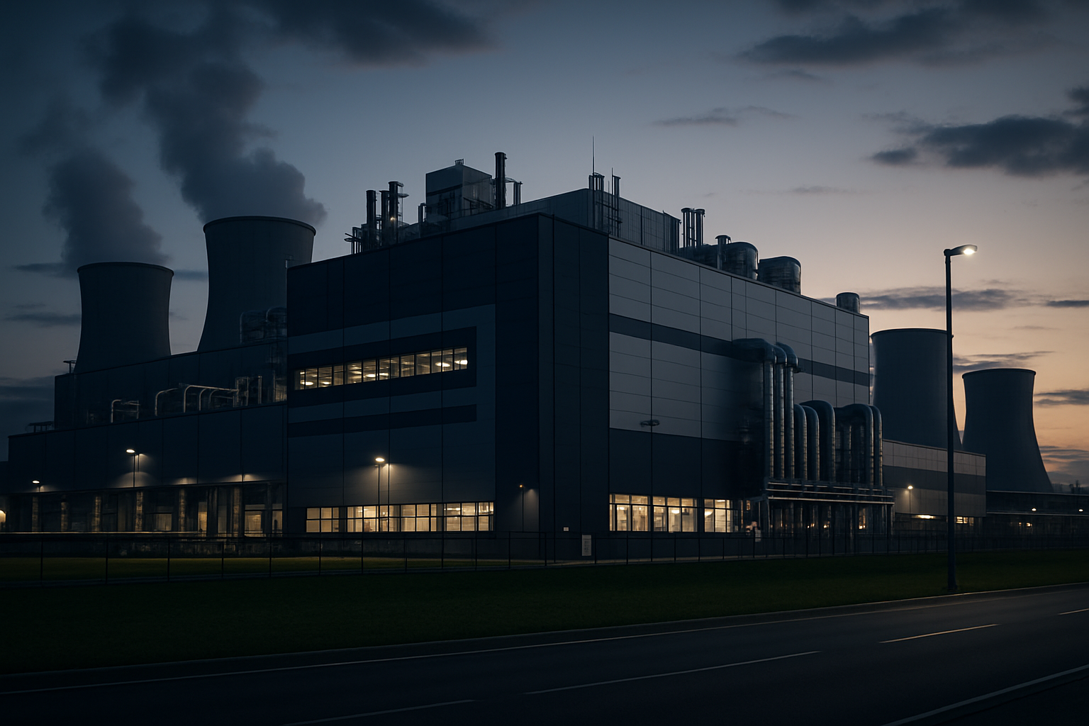 exterior of a large semiconductor fabrication facility at dusk, industrial cooling towers visible in the background