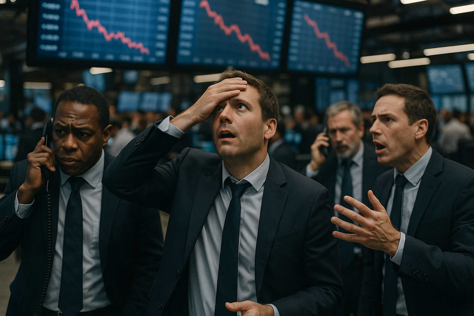 traders on a busy stock exchange floor reacting to falling prices on overhead display boards