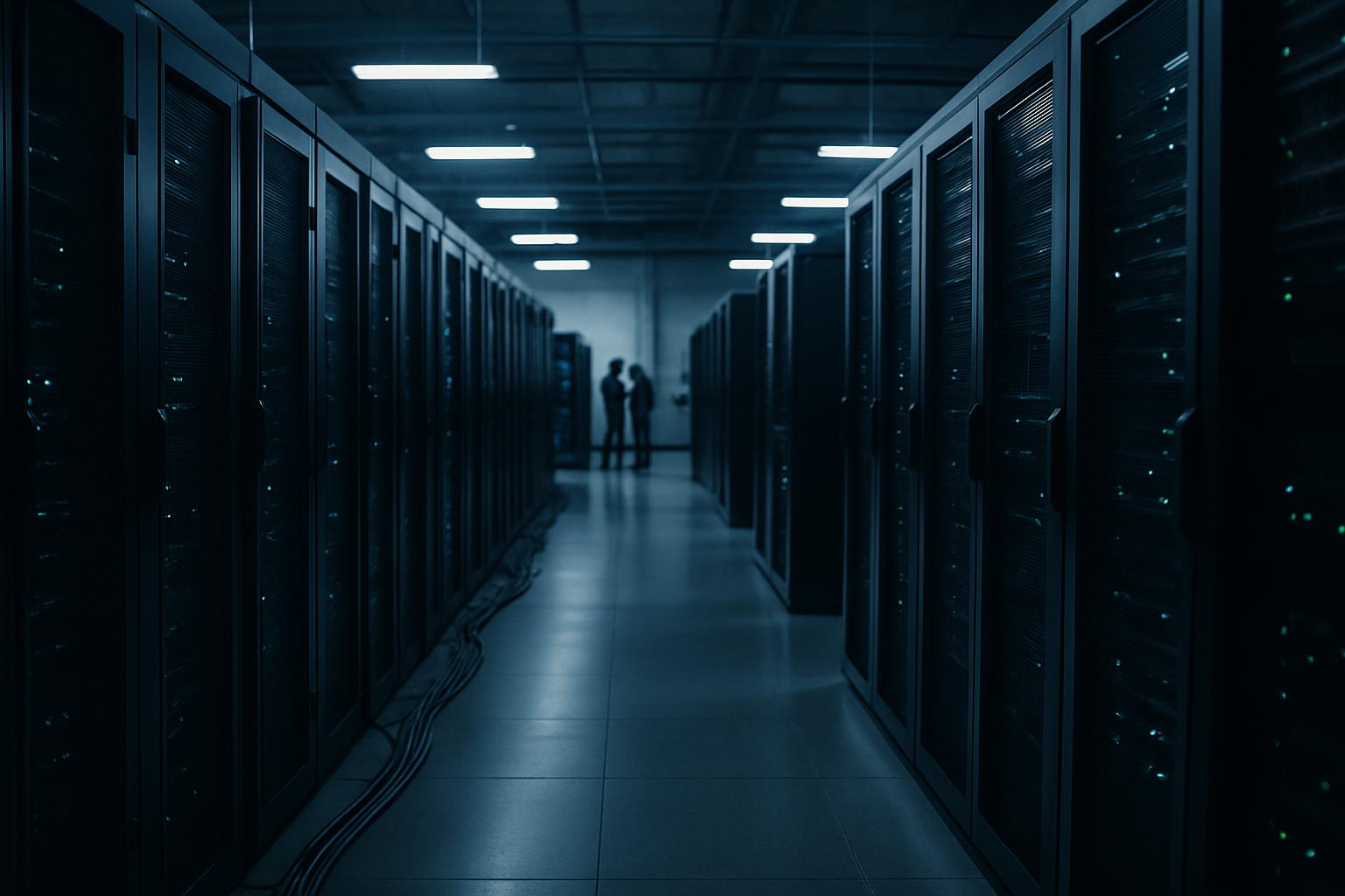 rows of server racks inside a large-scale data center facility, illuminated by cool blue overhead lighting with cable management visible along the floor