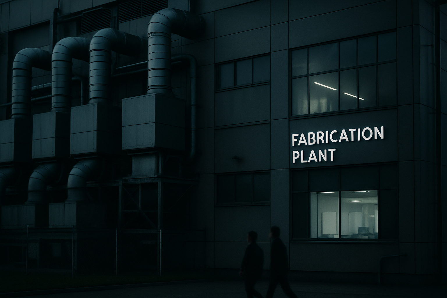 exterior facade of a semiconductor fabrication facility at dusk, with industrial ventilation systems and clean-room signage visible on the building surface
