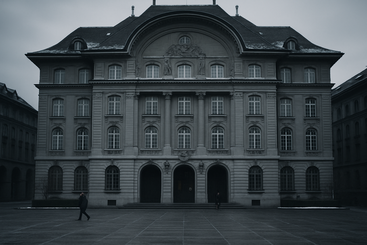 exterior of the Swiss National Bank building in Bern, classical stone facade under overcast winter light, empty plaza in the foreground