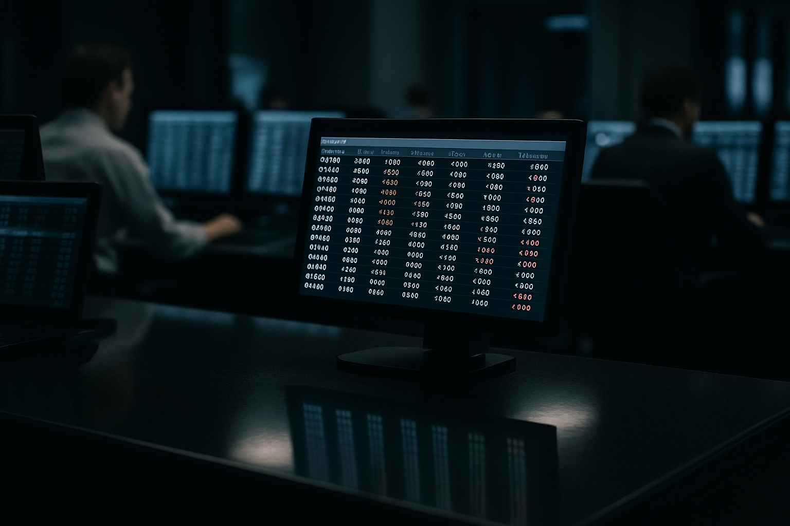 rows of currency trading terminals displaying live exchange rate data in a dimly lit dealing room, no visible faces, screens reflecting on a polished desk surface