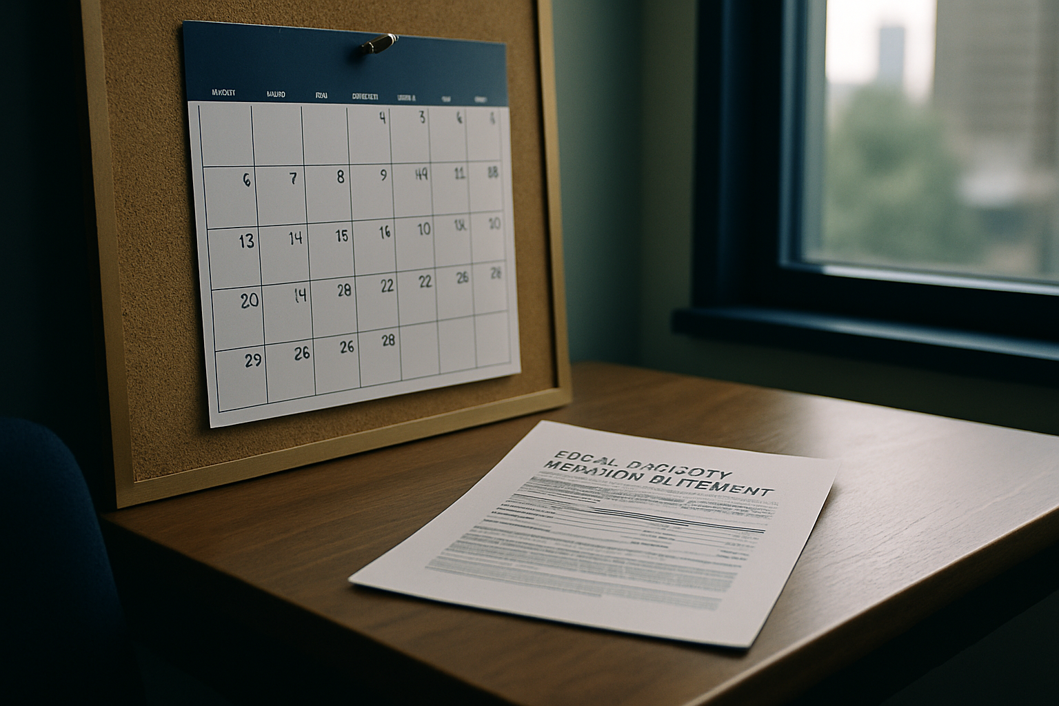 a calendar pinned to a corkboard beside a printed Social Security benefits statement on a wooden desk, natural window light