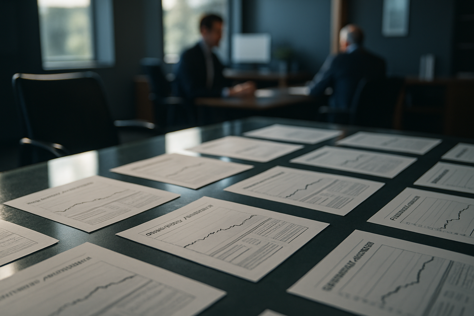 rows of retirement account statements spread across a glass table in a quiet financial planning office, afternoon light casting soft shadows