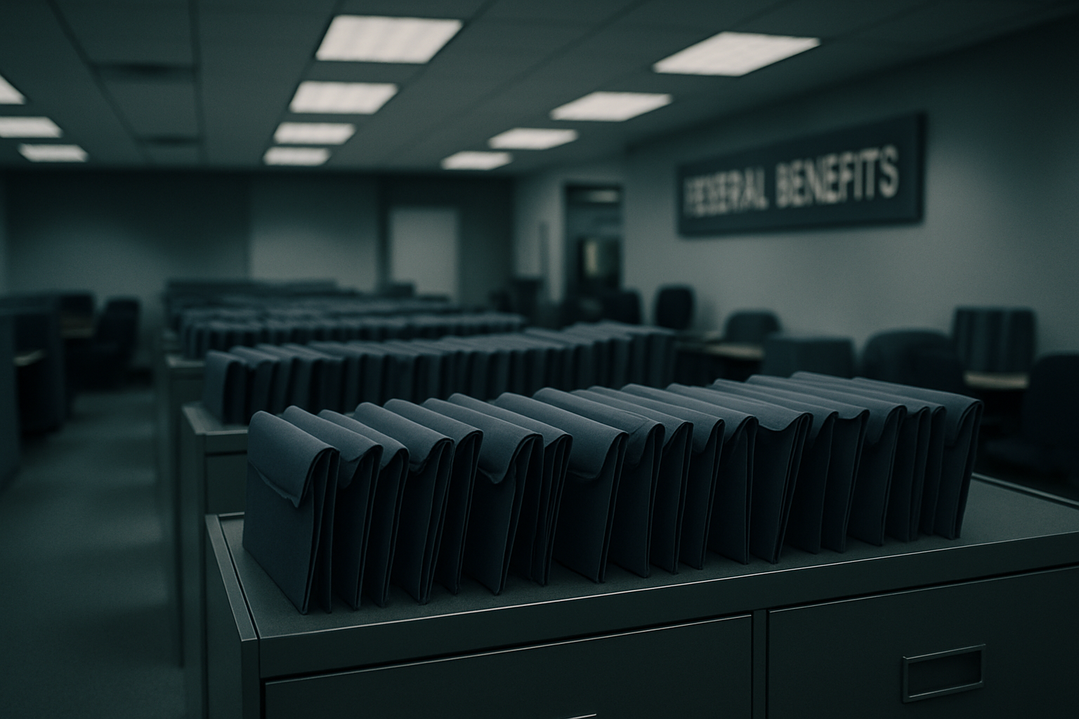 rows of official government document folders arranged in a federal benefits office, lit by fluorescent ceiling lights, no people visible